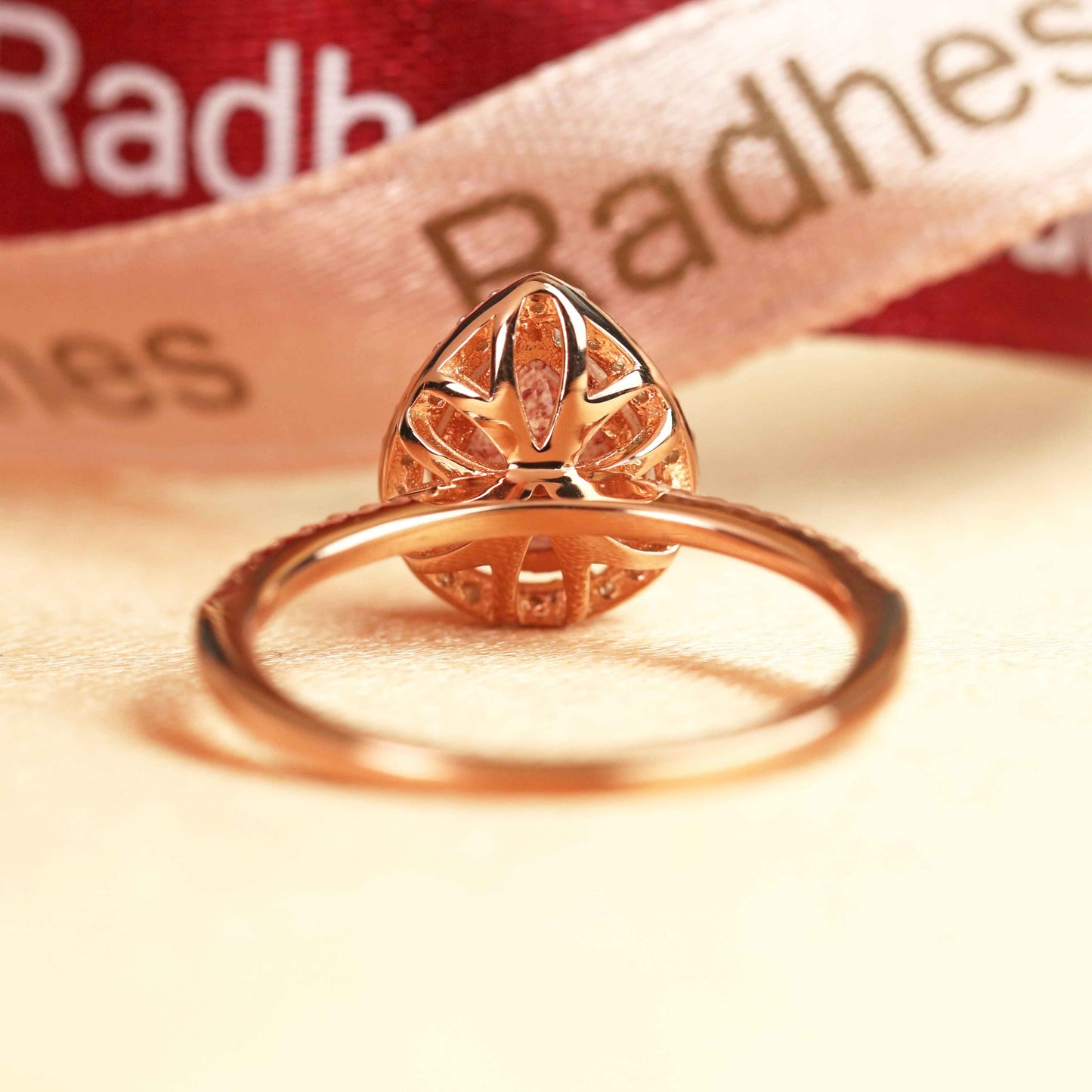 Halo 1.5 carat Tear Drop Cut Strawberry Quartz and Diamond Half-pave Wedding Ring for Women in Rose Gold