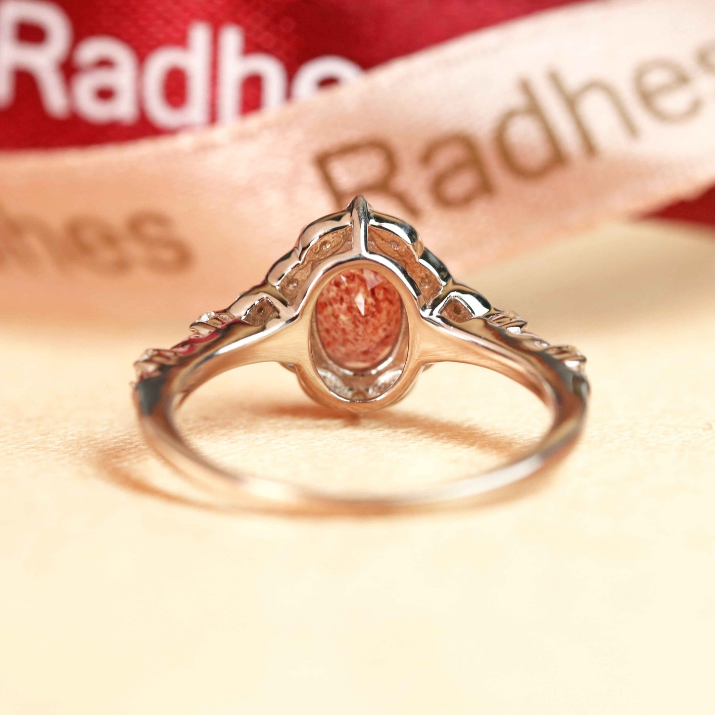 Antique Vintage 1.25 carat Oval Cut Red Strawberry Quartz and Diamond Semi-mount Halo Wedding Ring in White Gold