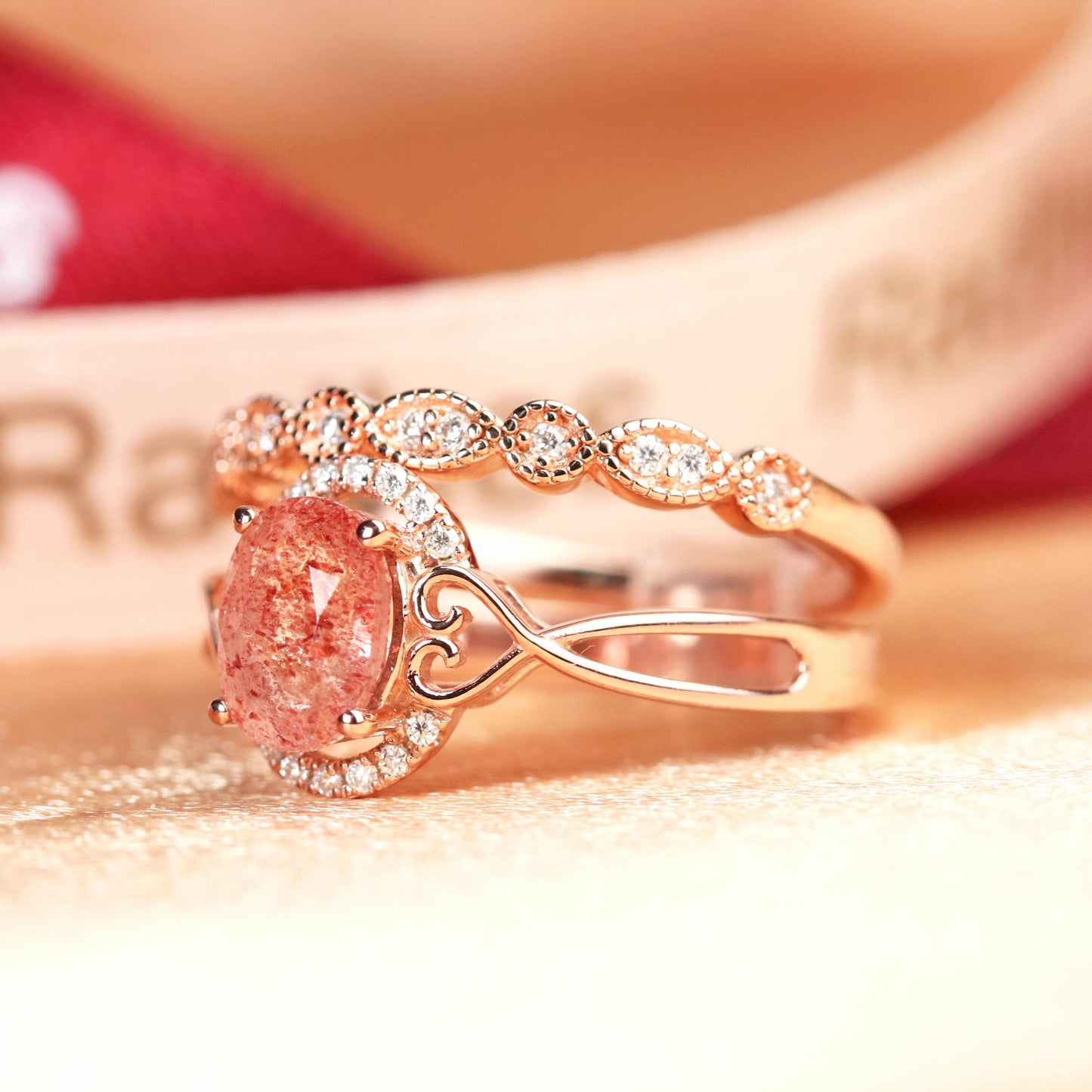 1.5 carat Oval Cut Strawberry Quartz and Diamond Twisted Heart Shank Semi-halo Bridal Ring Set for Women with Matching Milgrain Wedding Band in Rose Gold