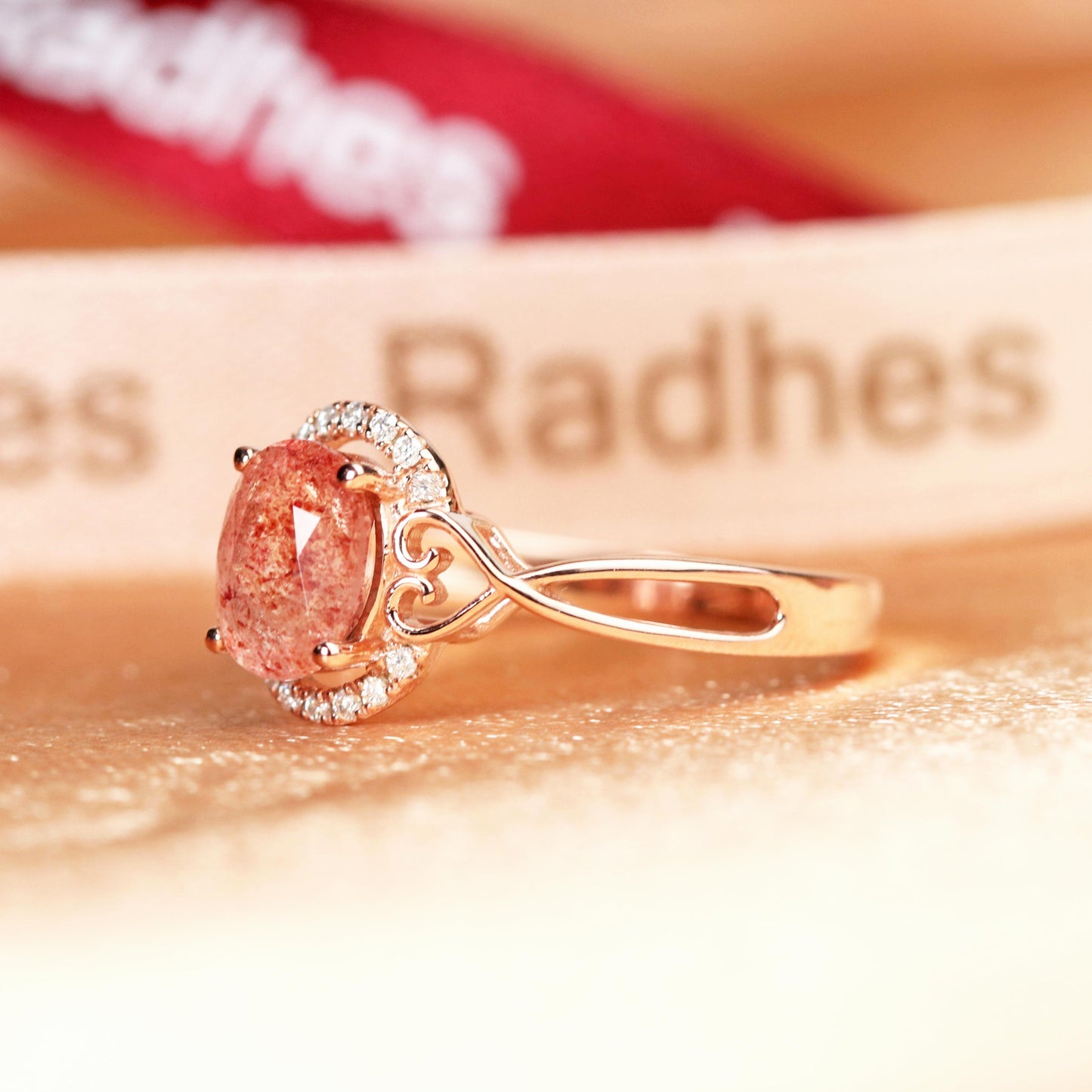 Semi-halo 1.15 carat Oval Cut Strawberry Quartz and Diamond Twisted Heart Shank Wedding Ring for Women in Rose Gold