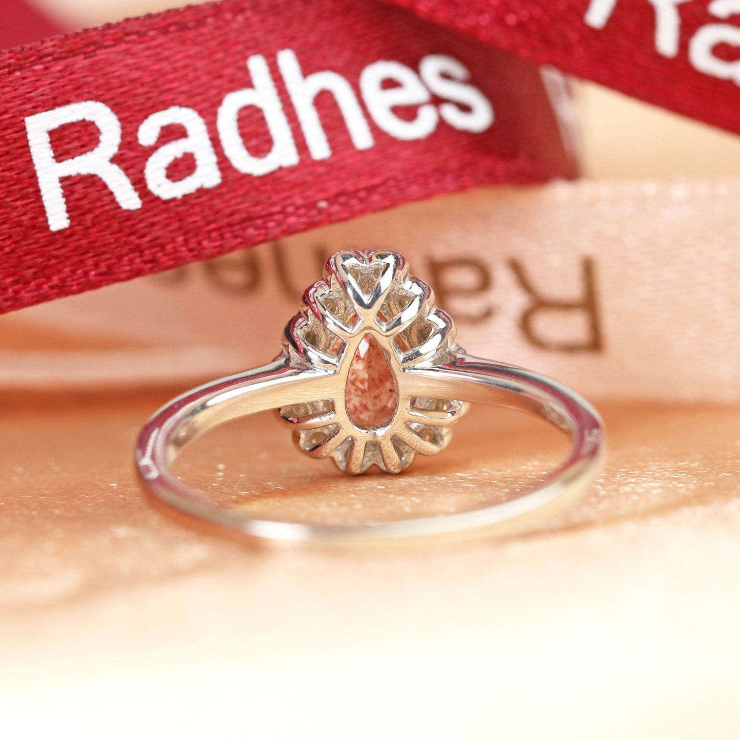 Plain Shank 1.2 carat Pear Cut Red Strawberry Quartz and Diamond Milgrain Bezel Halo Ring for Women in White Gold