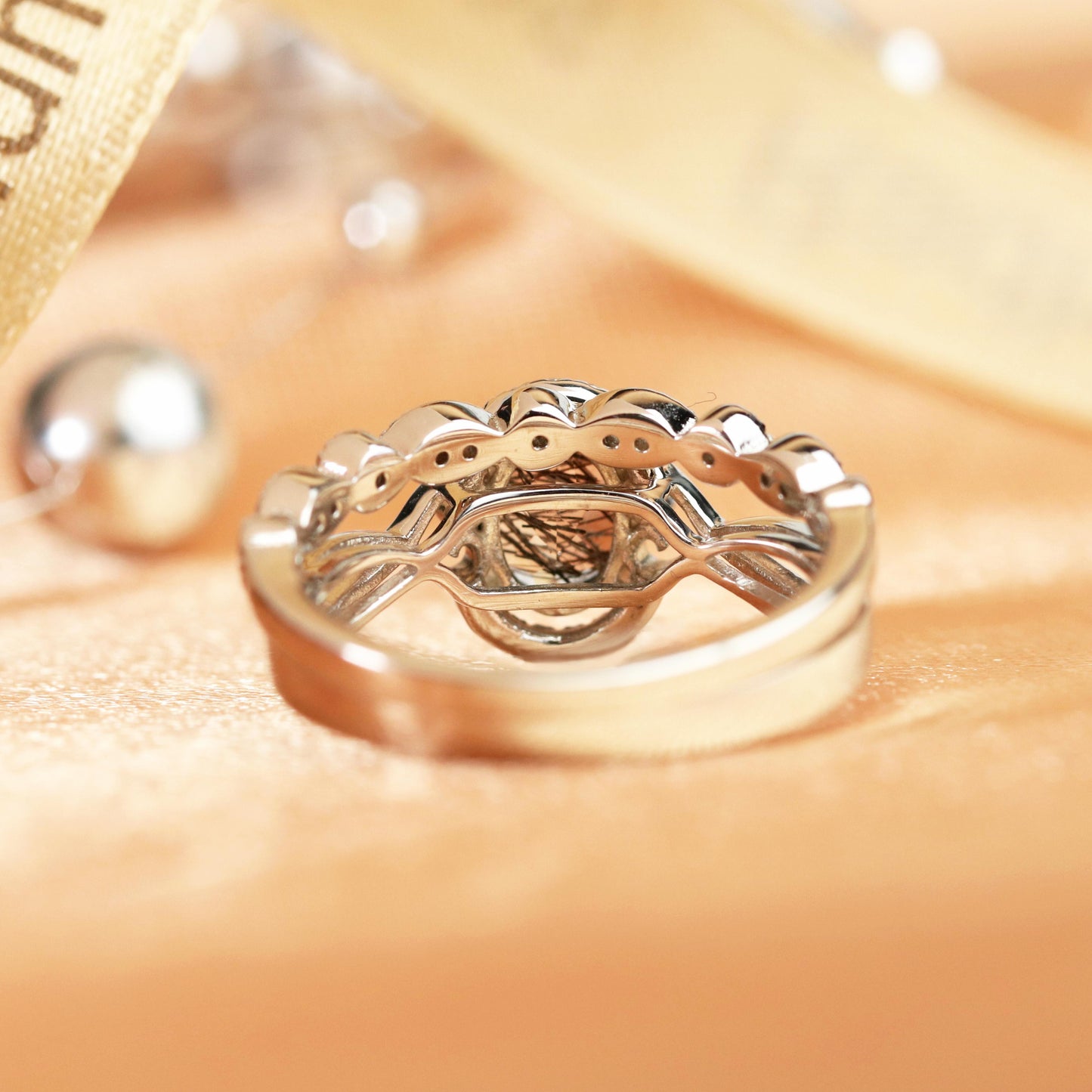 1.5 carat Oval Cut Rutilated Quartz and Diamond Twisted Heart Shank Semi-halo Bridal Ring Set for Women with Matching Milgrain Wedding Band in White Gold