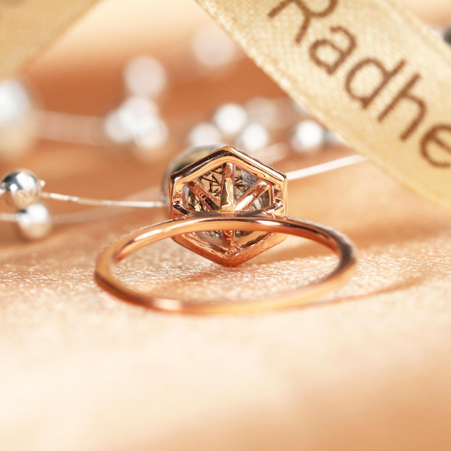 Hexagon Halo 1.5 carat Round Cut Rutilated Quartz and Diamond Half-pave Ring in Rose Gold
