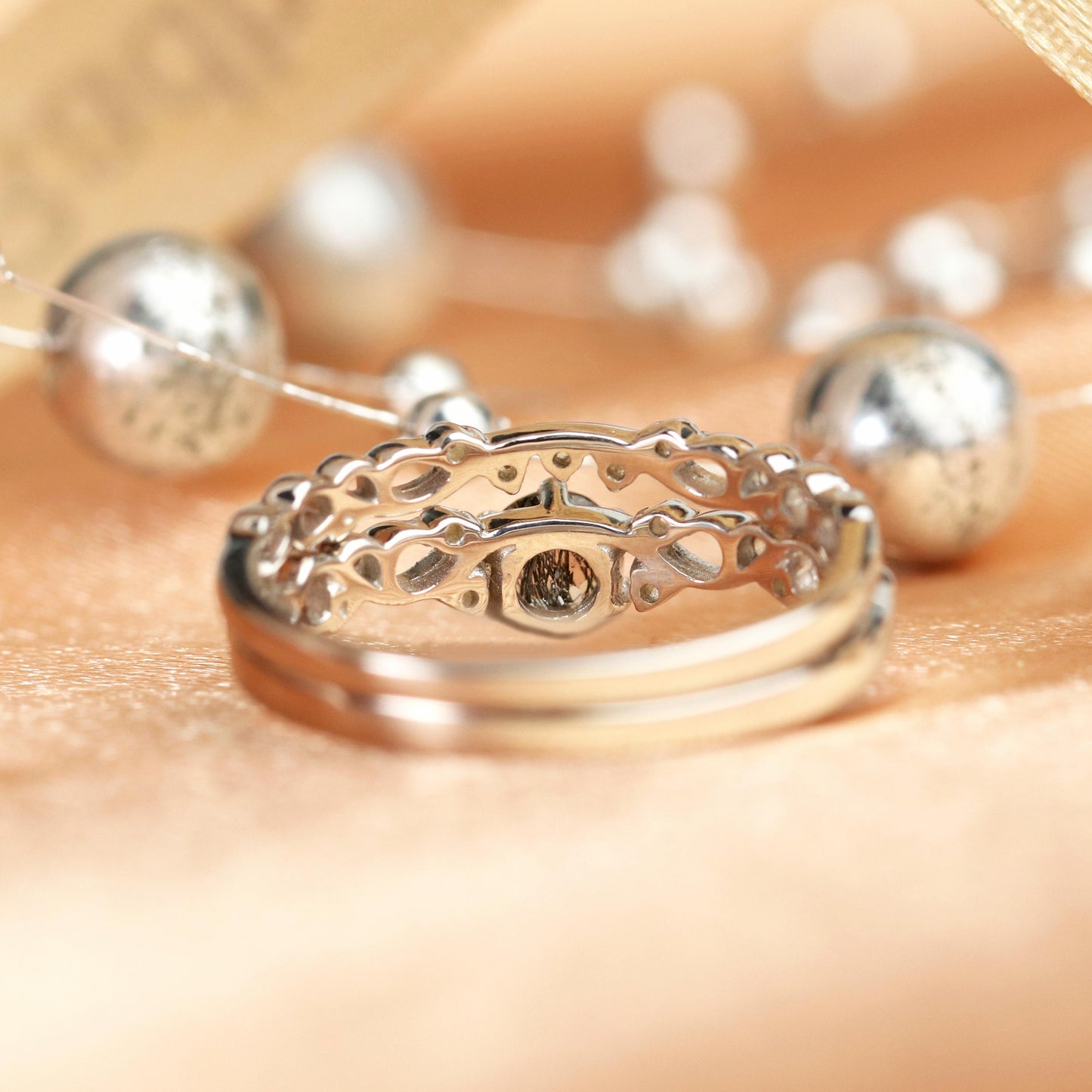 Stunning 1.25 carat Round Shaped Boho Rutilated Quartz Bridal Ring Set with Matching Filigree Wedding Band in White Gold