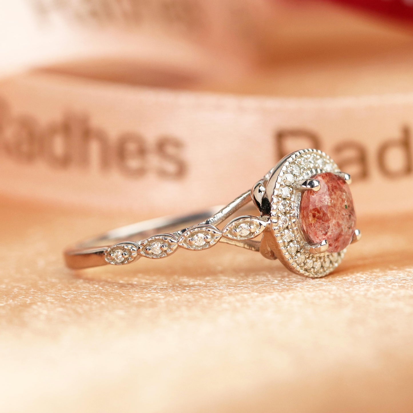 Halo 1.25 carat Round Shaped Strawberry Quartz Semi-mount Milgrain Ring for Women in White Gold