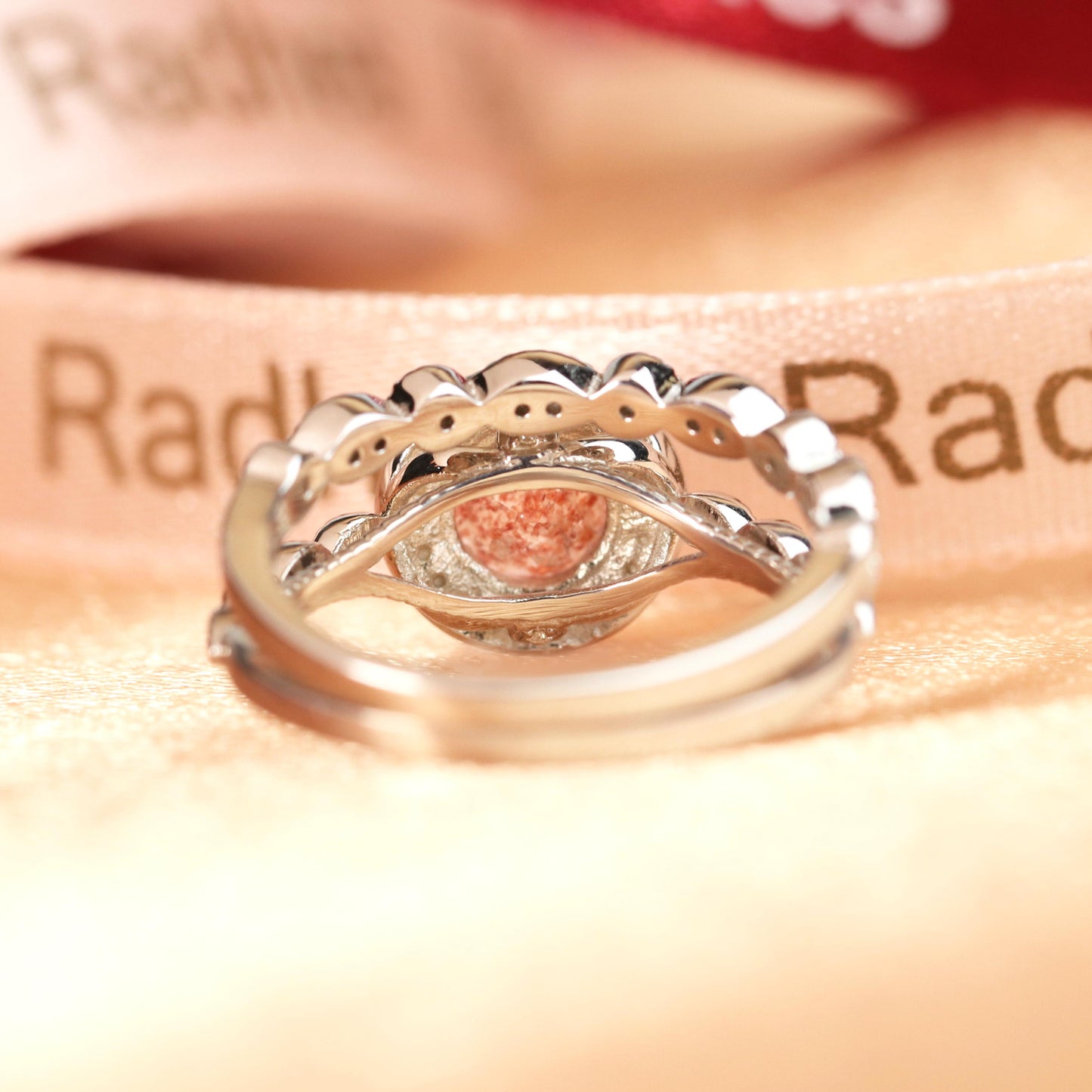 Semi-mount 1.7 carat Round Cut Strawberry Quartz and Diamond Milgrain Halo Bridal Ring Set with Matching Milgrain Wedding Band in White Gold