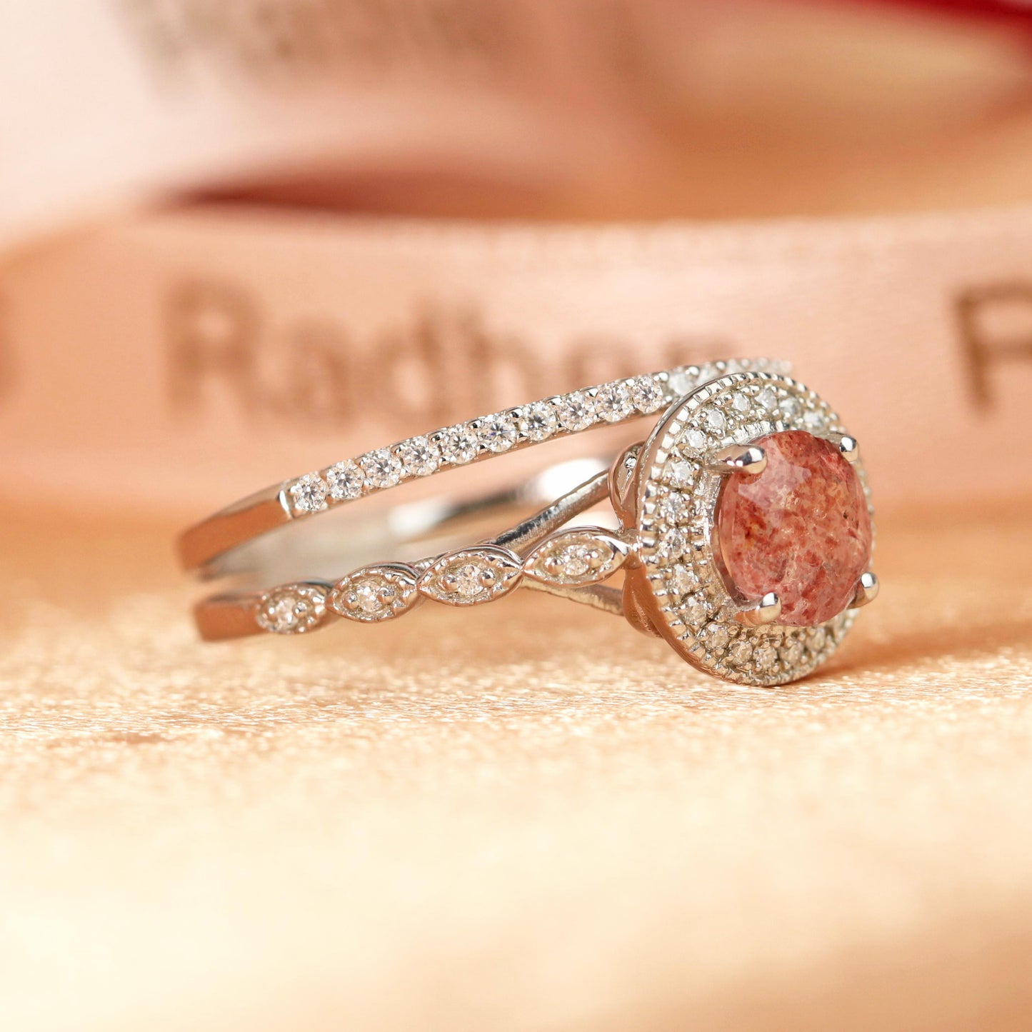 Milgrain Halo 1.5 carat Round Cut Strawberry Quartz and Diamond Wedding Ring Set for Women with Matching Semi-eternity Wedding Band in White Gold