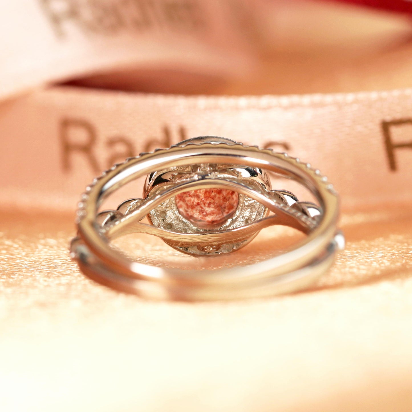Milgrain Halo 1.5 carat Round Cut Strawberry Quartz and Diamond Wedding Ring Set for Women with Matching Semi-eternity Wedding Band in White Gold