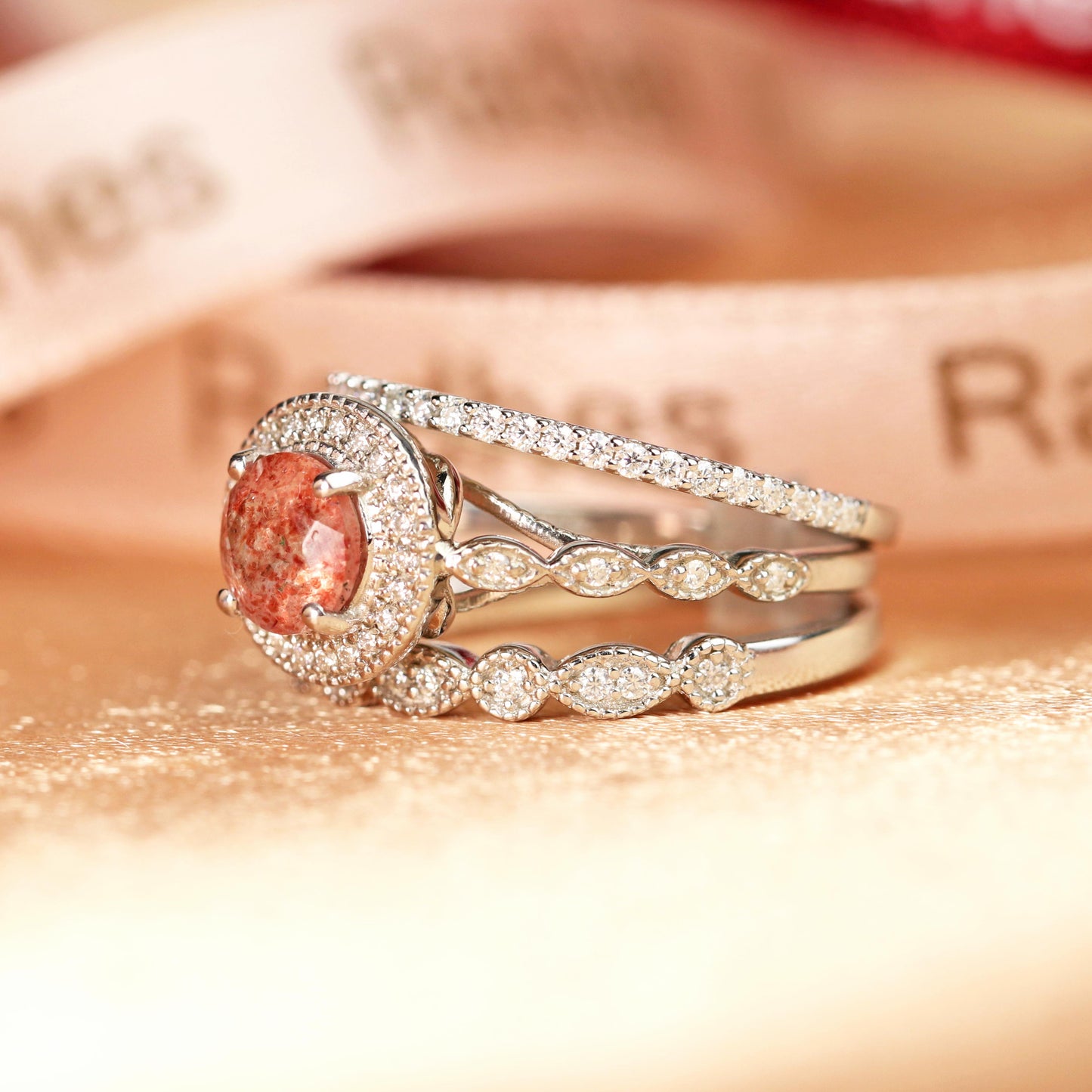 2 carat Round Shaped Strawberry Quartz and Diamond Halo Milgrain 3 Piece Wedding Rings Set in White Gold