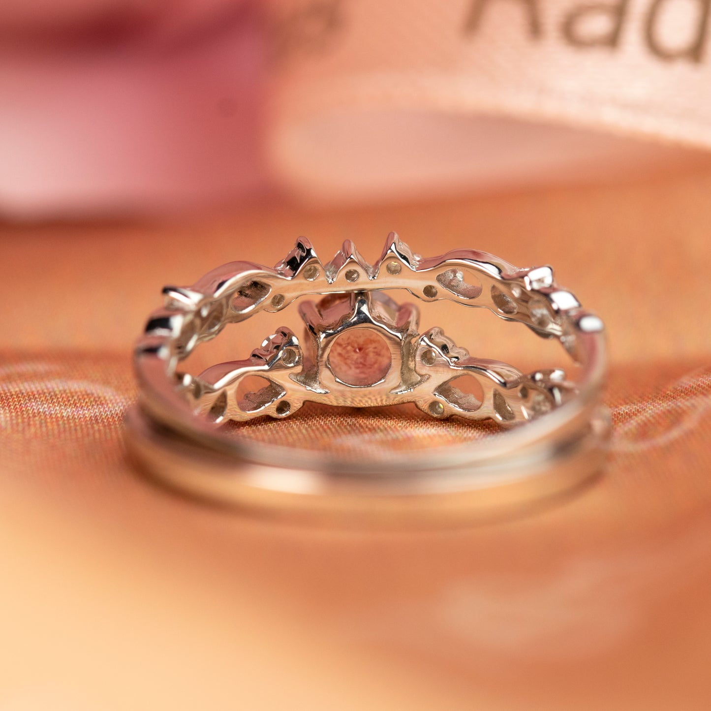 Vintage-inspired 0.7 carat Round Shaped Strawberry Quartz and Diamond Accent Delicate Female Wedding Ring Set in White Gold