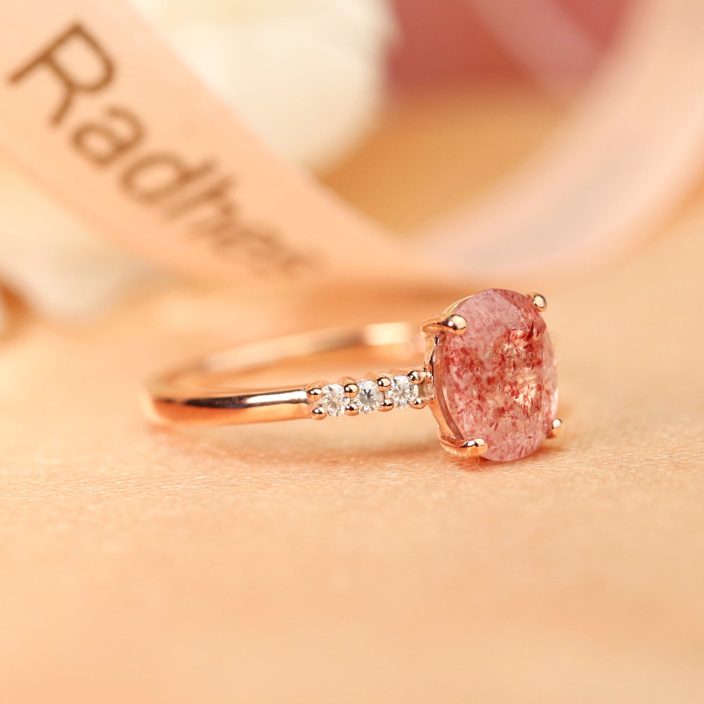Classic 7 Stone 1.05 carat Oval Shaped Strawberry Quartz and Diamond Accent Bridal Ring For Women in Rose Gold