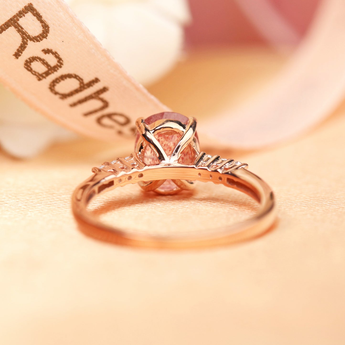 Classic 7 Stone 1.05 carat Oval Shaped Strawberry Quartz and Diamond Accent Bridal Ring For Women in Rose Gold