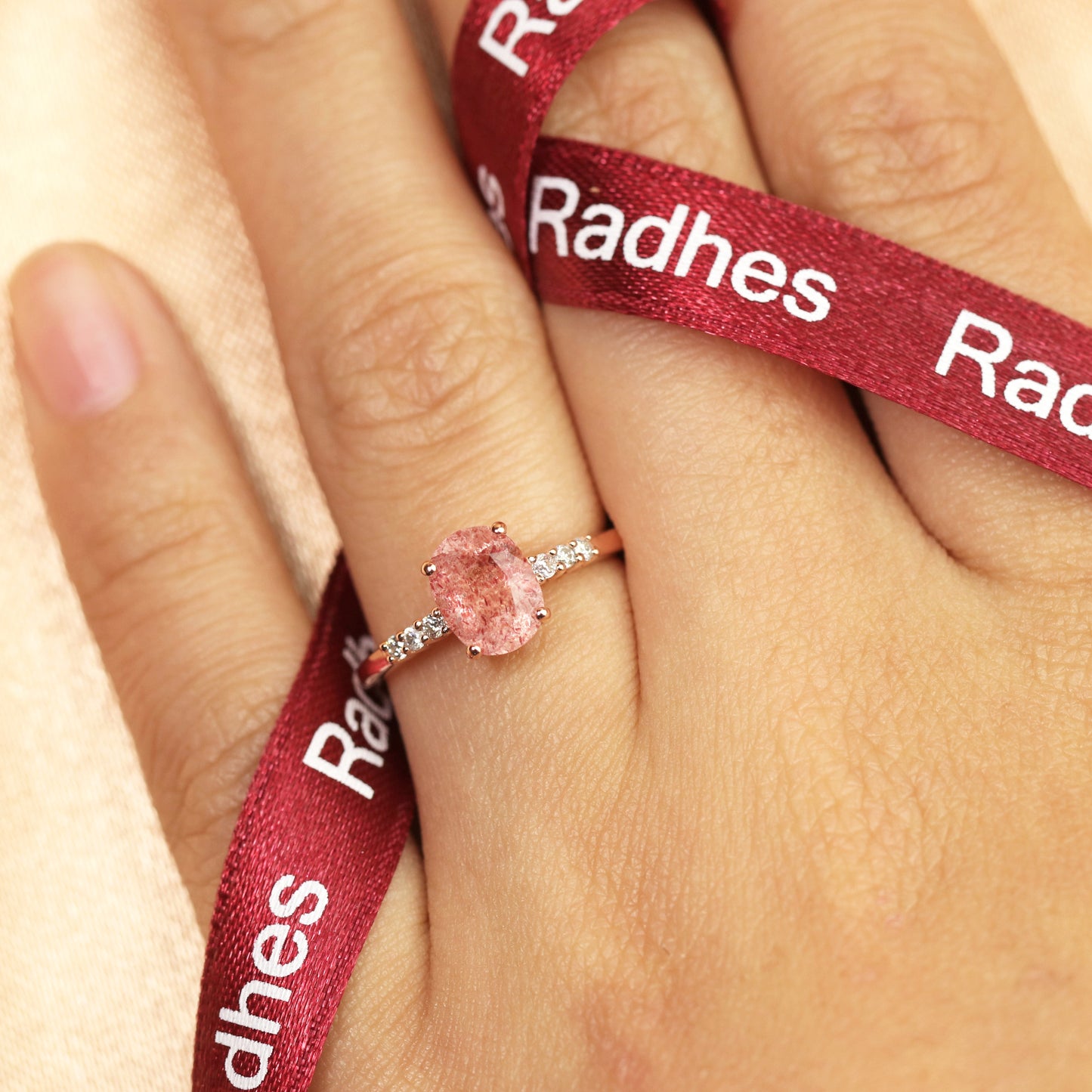 Classic 7 Stone 1.05 carat Oval Shaped Strawberry Quartz and Diamond Accent Bridal Ring For Women in Rose Gold