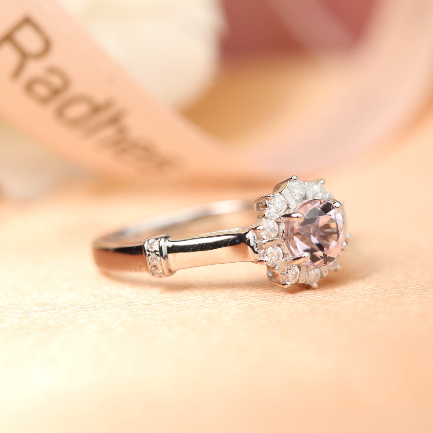 Classic multistone 1.15 carat Morganite Halo Engagement Wedding Ring in White Gold