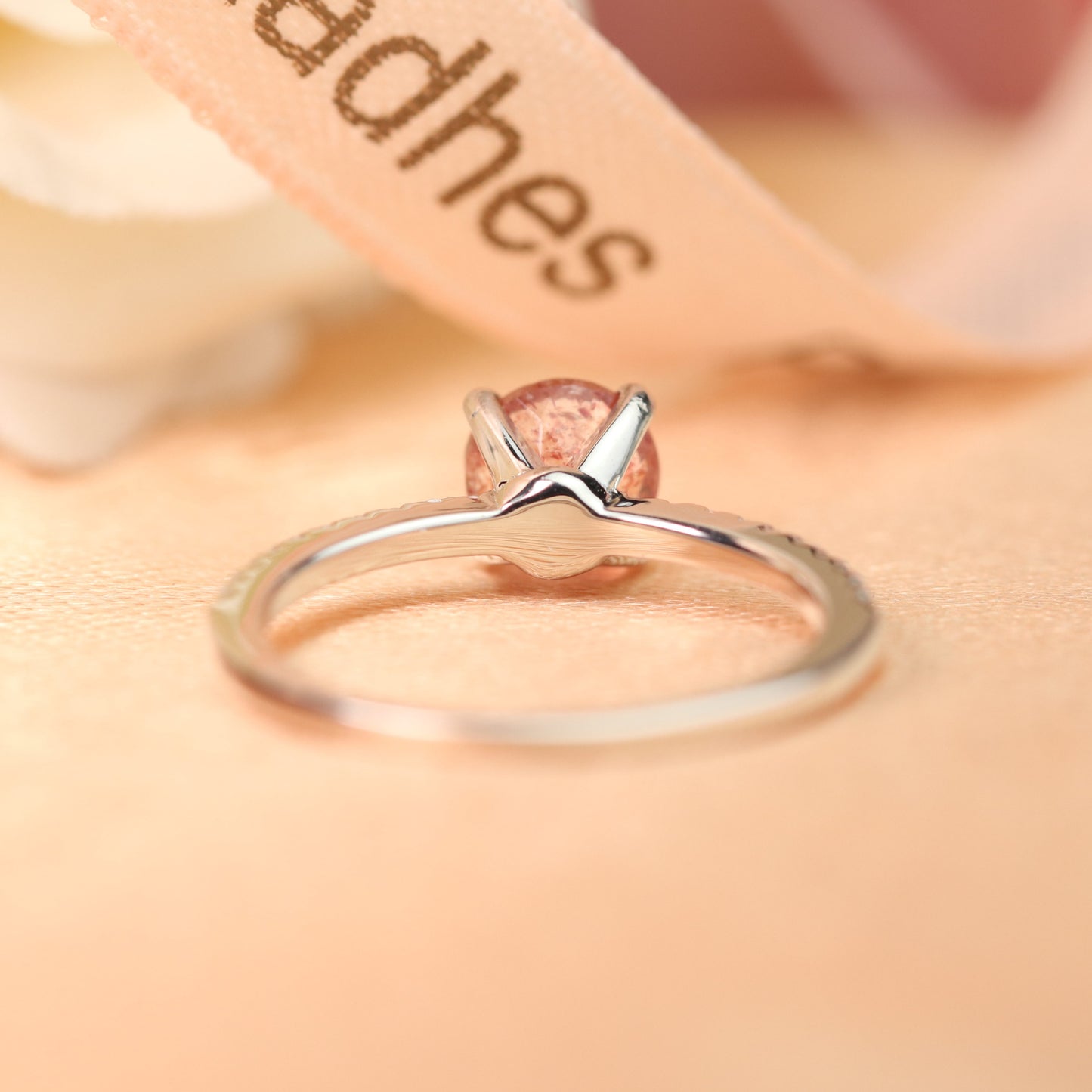 Classic 1.25 carat Round Cut Red Strawberry Quartz and Diamond Half-pave Solitaire Engagement Ring for Women in White Gold