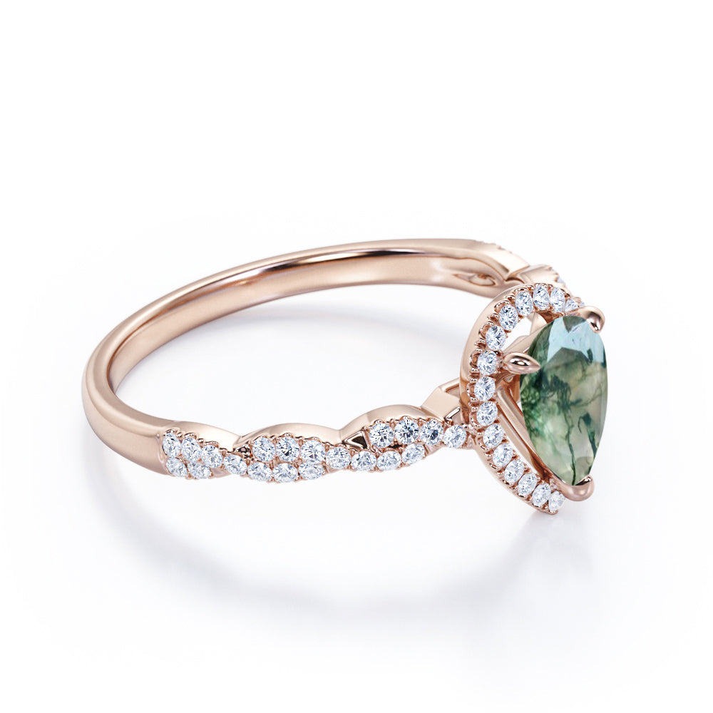 Stylish twisted style 1.5 carat Pear cut Moss Green Agate and diamond infinity halo engagement ring in Rose gold