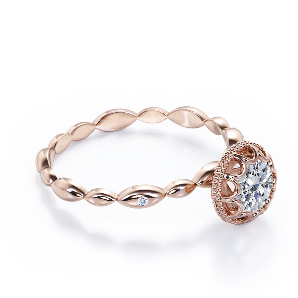Hidden Halo 1 carat Round cut Moissanite scalloped engagement ring in Rose gold