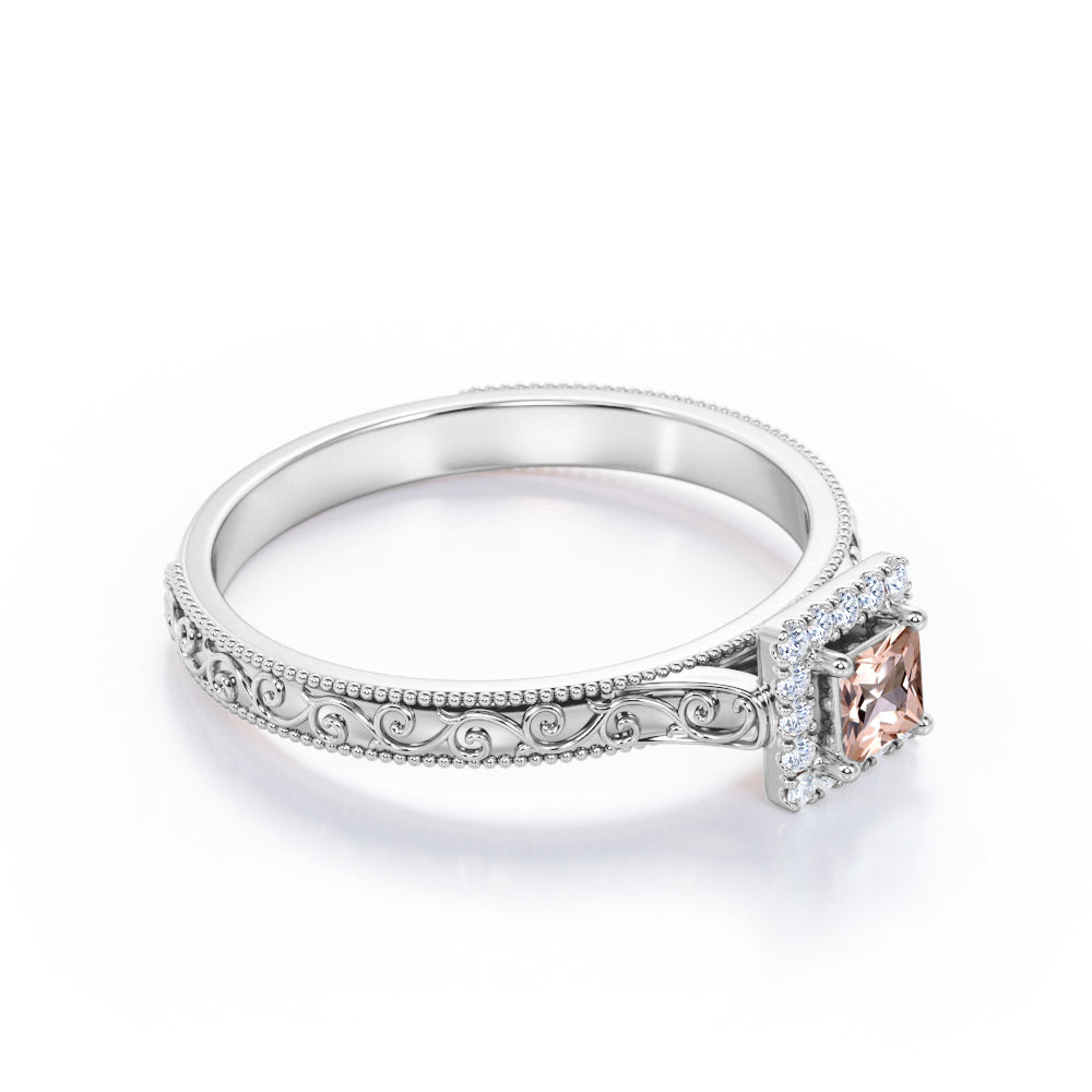 Pave Halo 0.75 carat Princess cut Peach Morganite and diamond ornamental filigree engagement ring in White gold