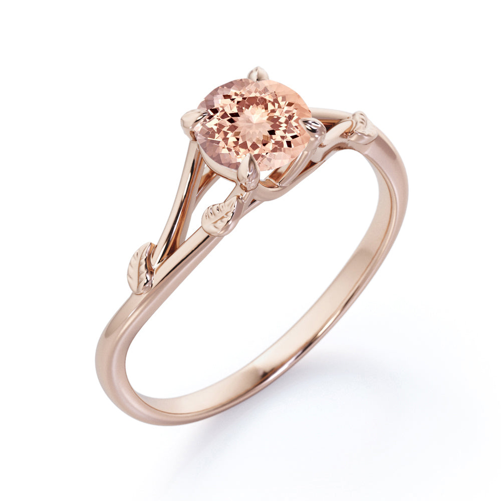 Vine and Leaf Shank 1 carat Round cut Morganite vintage earthy engagement ring in Rose gold