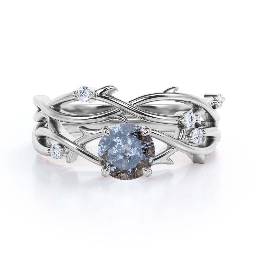 Artistic Vine 0.6 carat Round cut Salt and pepper diamond and White diamond twisted branch wedding ring set in White gold