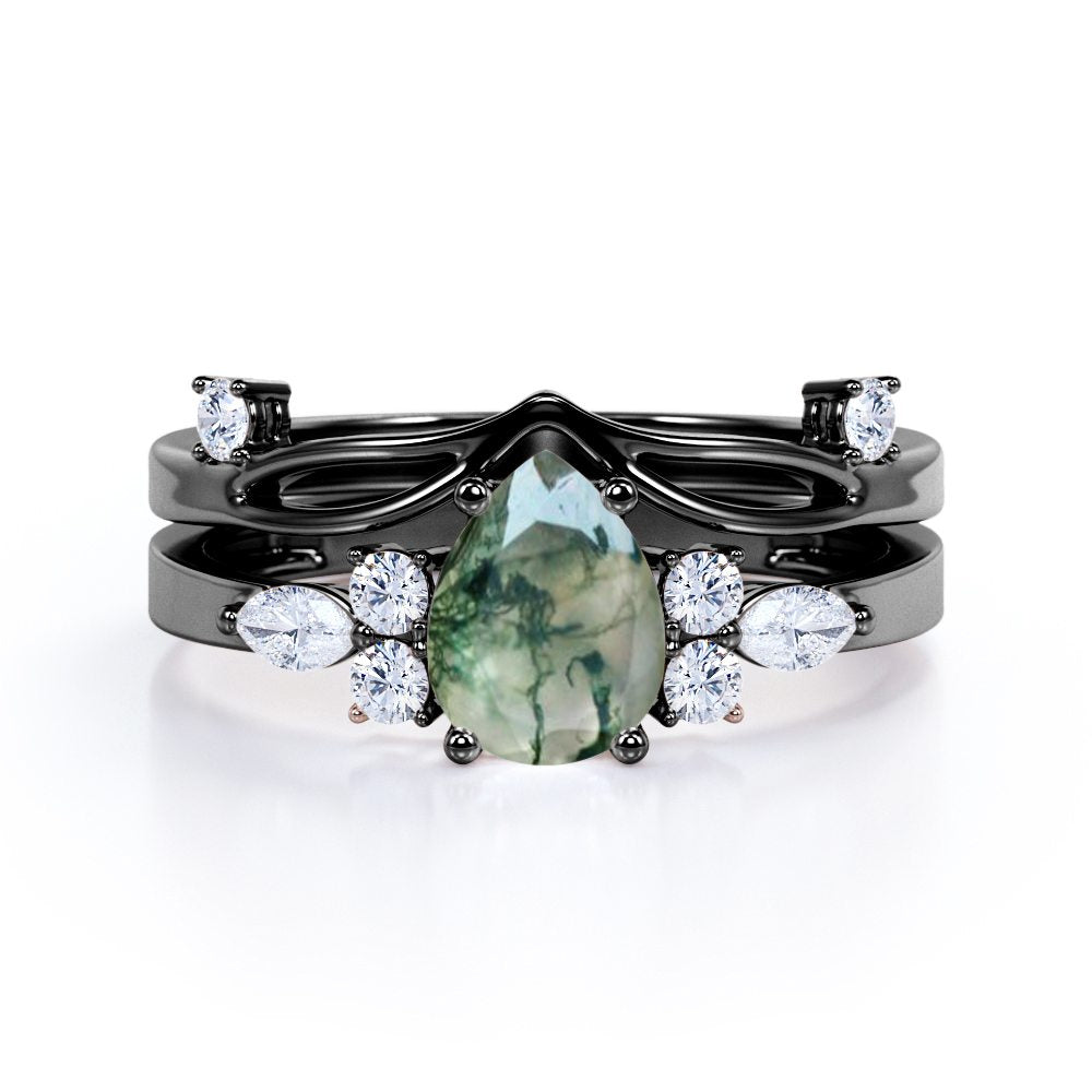 Beveled Chevron 1.25 carat Pear cut Moss Green Agate and diamond Split shank wedding ring set in Black gold