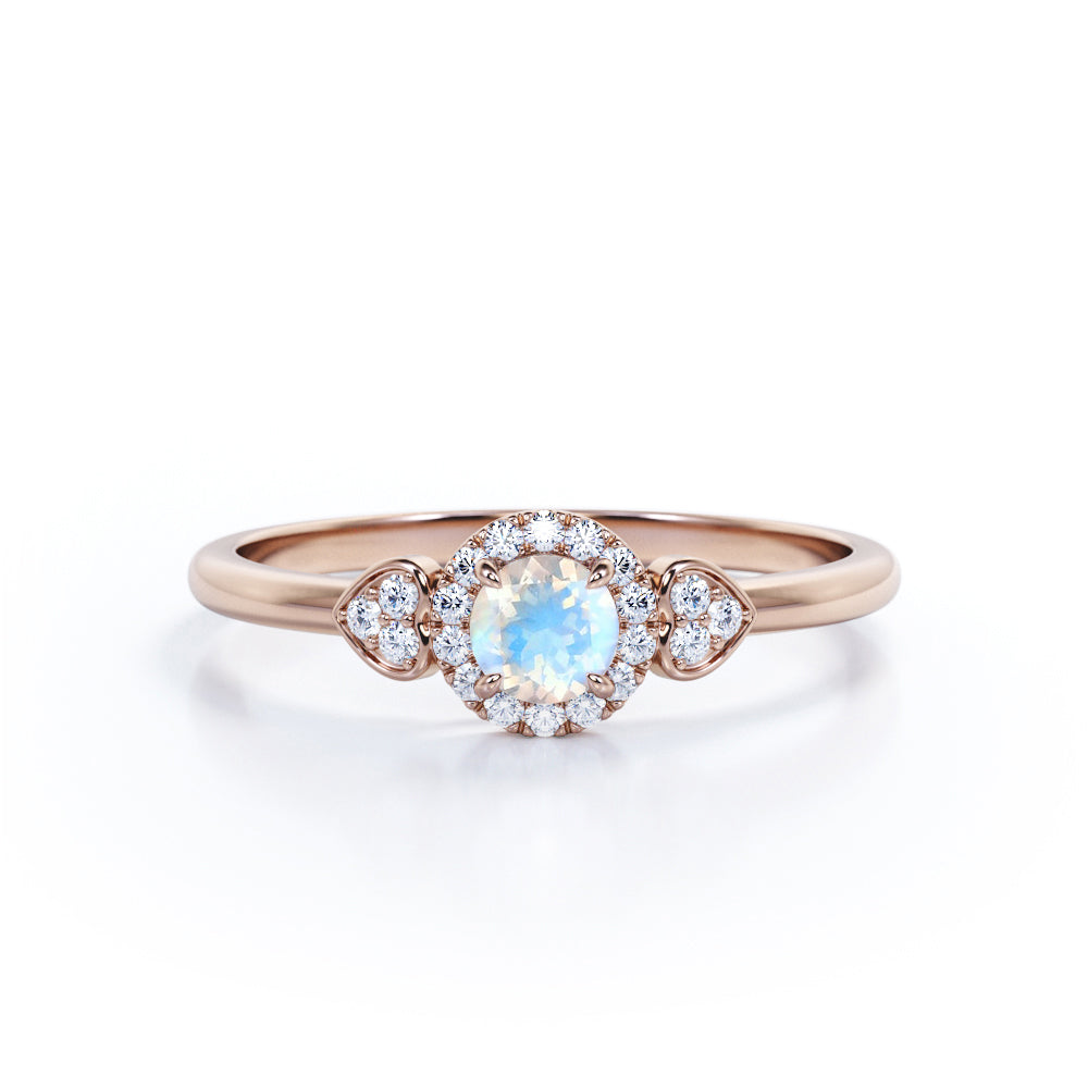 Triple stone 1.25 carat Round cut Rainbow Moonstone and diamond vintage double heart sweetheart ring in Rose gold-Engagement ring