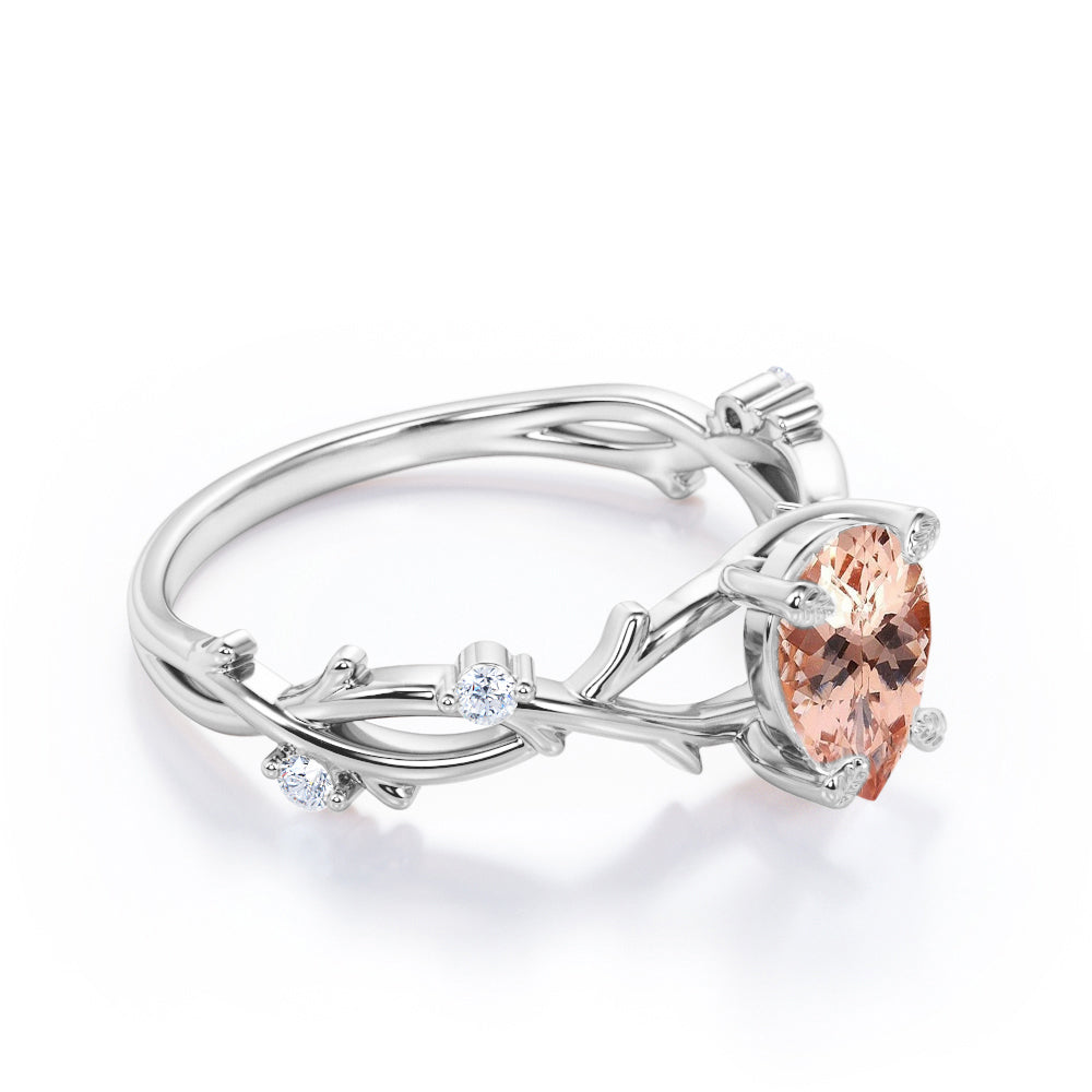 Delicate Twig and Vine 1.1 carat Pear Shaped Morganite and diamond forest ring-earthy engagement ring in White gold