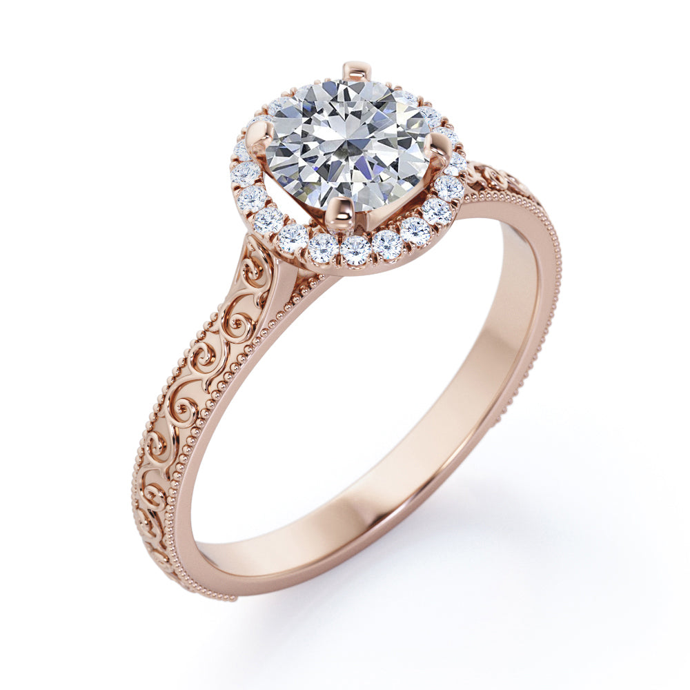 Filigree engraved 1.15 carat Round cut Moissanite and diamond Edwardian engagement ring in Rose gold