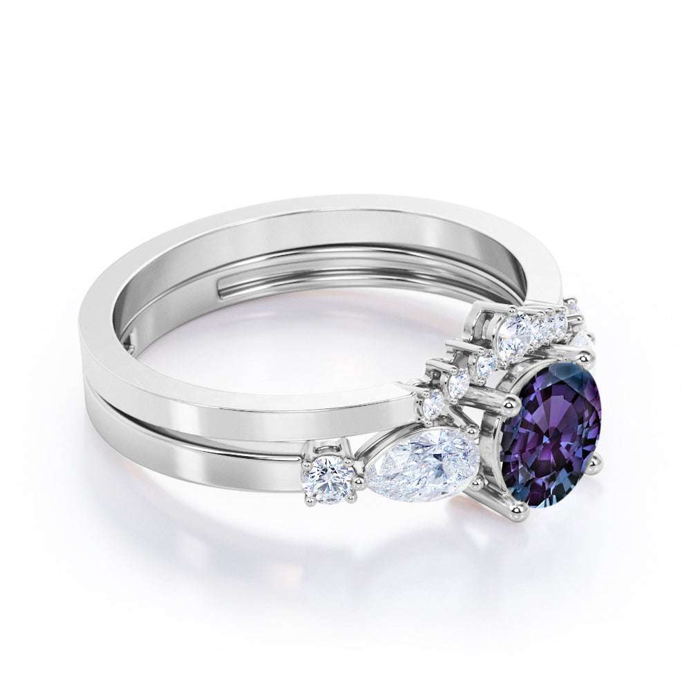 Modern Chevron 0.75 carat Round cut Lab created Alexandrite and diamond crown inspired wedding ring set in White gold