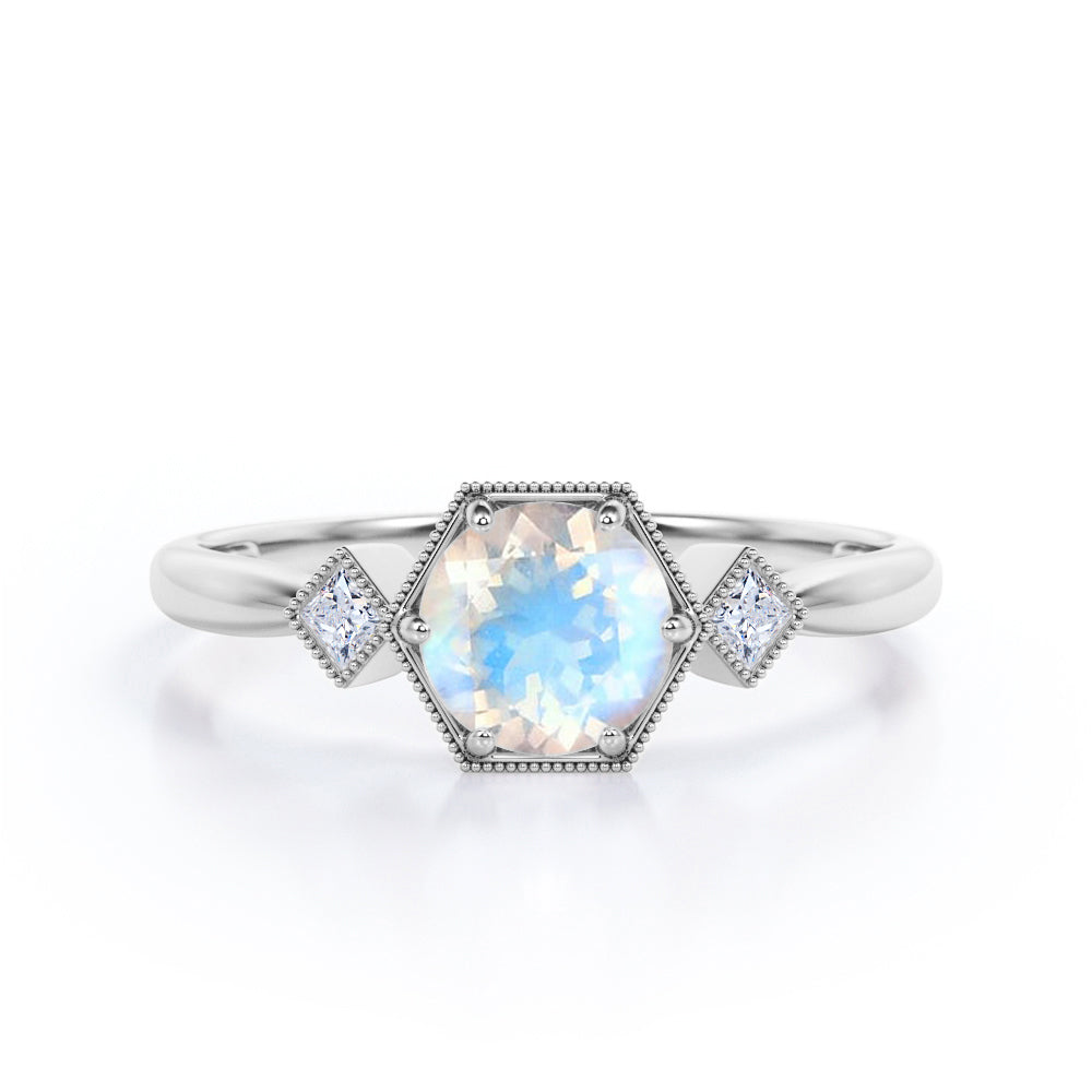 Triple Bezels 1.1 carat Round cut Moonstone and diamond Milgrain engagement ring in White gold