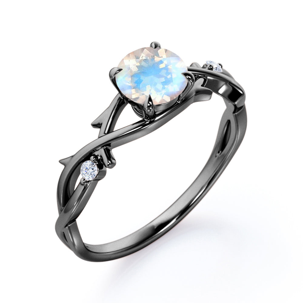Dainty Branchlet 1.1 carat Round cut Blue Moonstone and diamond nature inspired engagement ring in Black gold