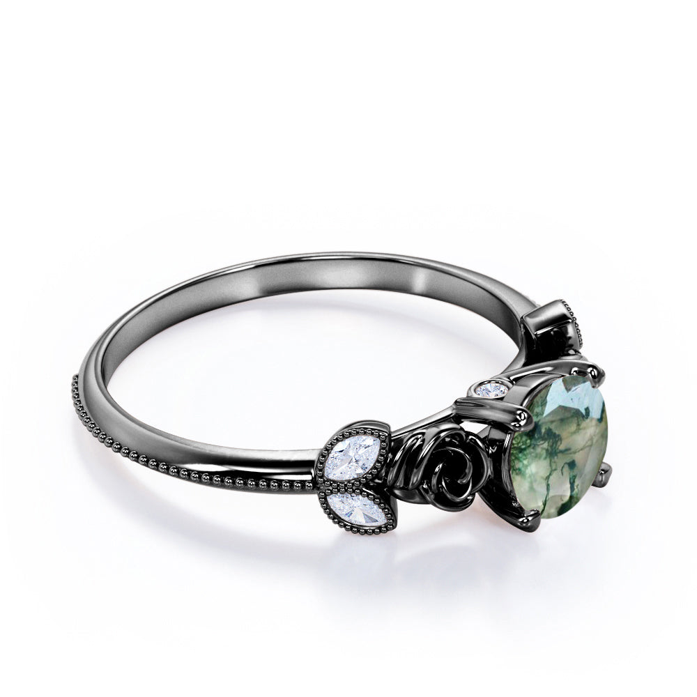 Rose ring-1.15 carat Round cut Moss Green Agate and diamond marquise milgrain engagement ring in Black gold