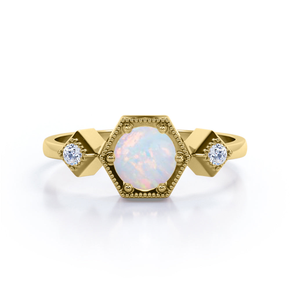 Triple stone 1.10 carat Round cut Ethiopian Opal and diamond 6 prong engagement ring in yellow gold