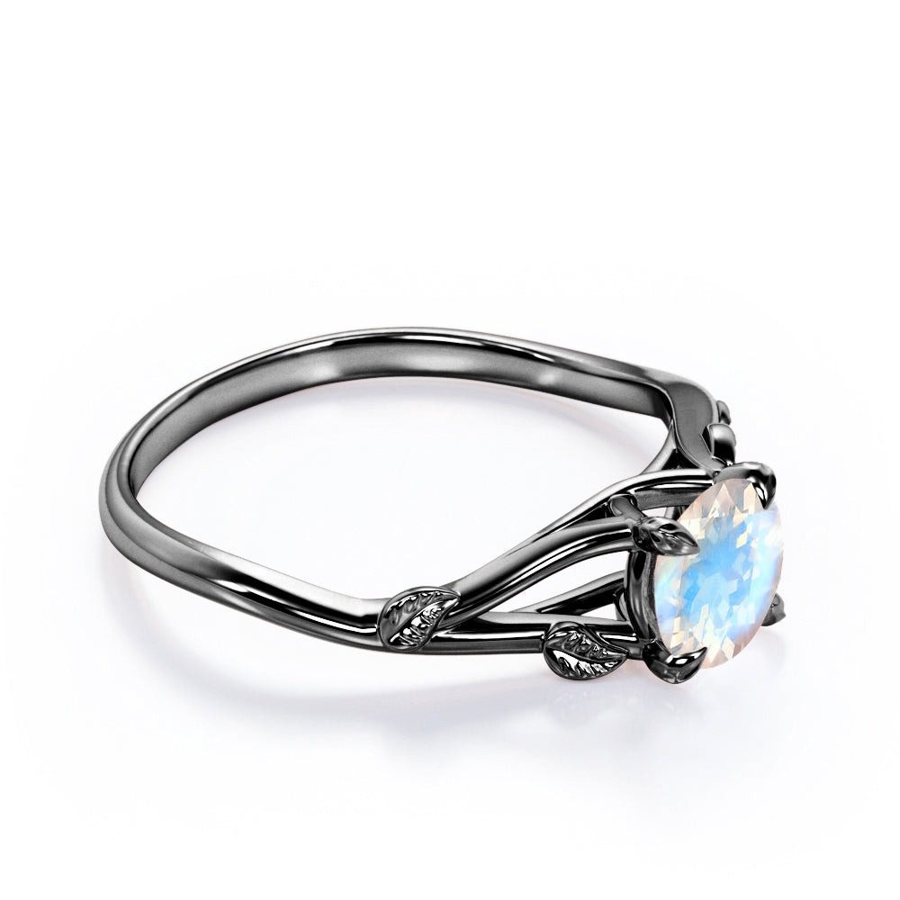 Vine Split Shank 1 carat Round cut Rainbow Moonstone nature inspired engagement ring in Black gold