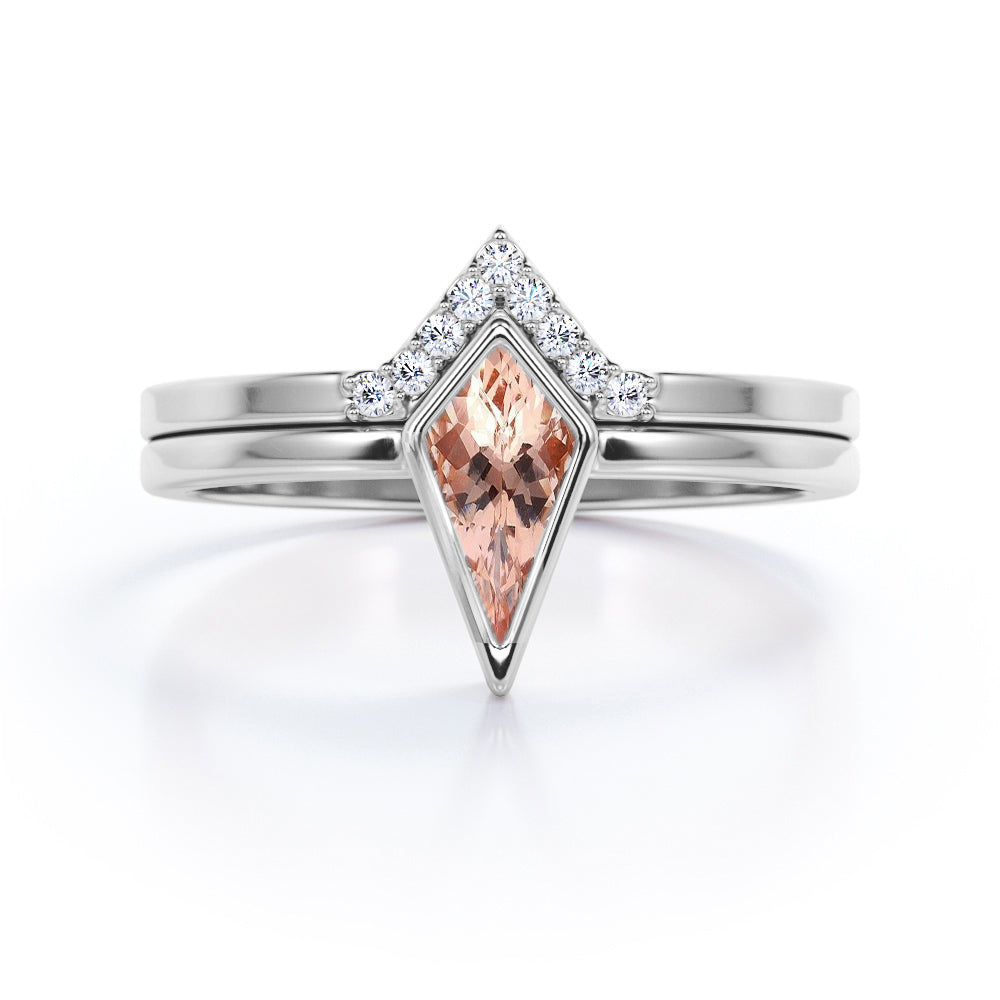 Bezel and tiara chevron 1.15 carat Kite shaped Morganite and diamond vintage Bridal set for women in White gold