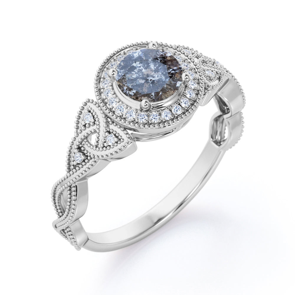 Twisted Vine inspired 0.75 carat Round cut Salt and pepper diamond and White diamond classic halo engagement ring in White gold