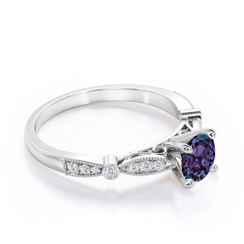 Claw Cathedral setting 1.15 carat Round cut Lab created Alexandrite and diamond art deco engagement ring in White gold