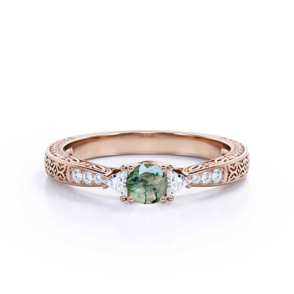 Triple trillion 0.75 carat Round cut Moss Green Agate and diamond filigree engagement ring in Rose gold