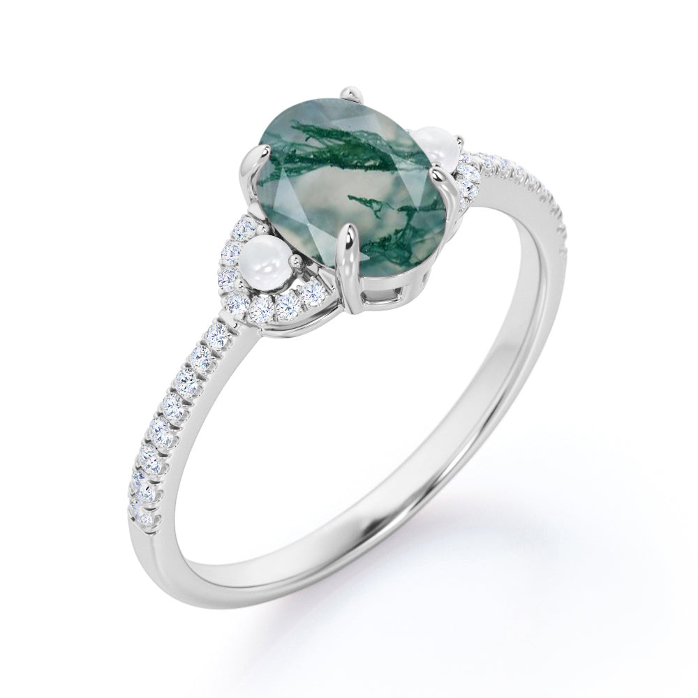 Eternity Pave 1.35 carat Oval shaped Moss Green Agate and diamond with freshwater pearl promise ring in White gold