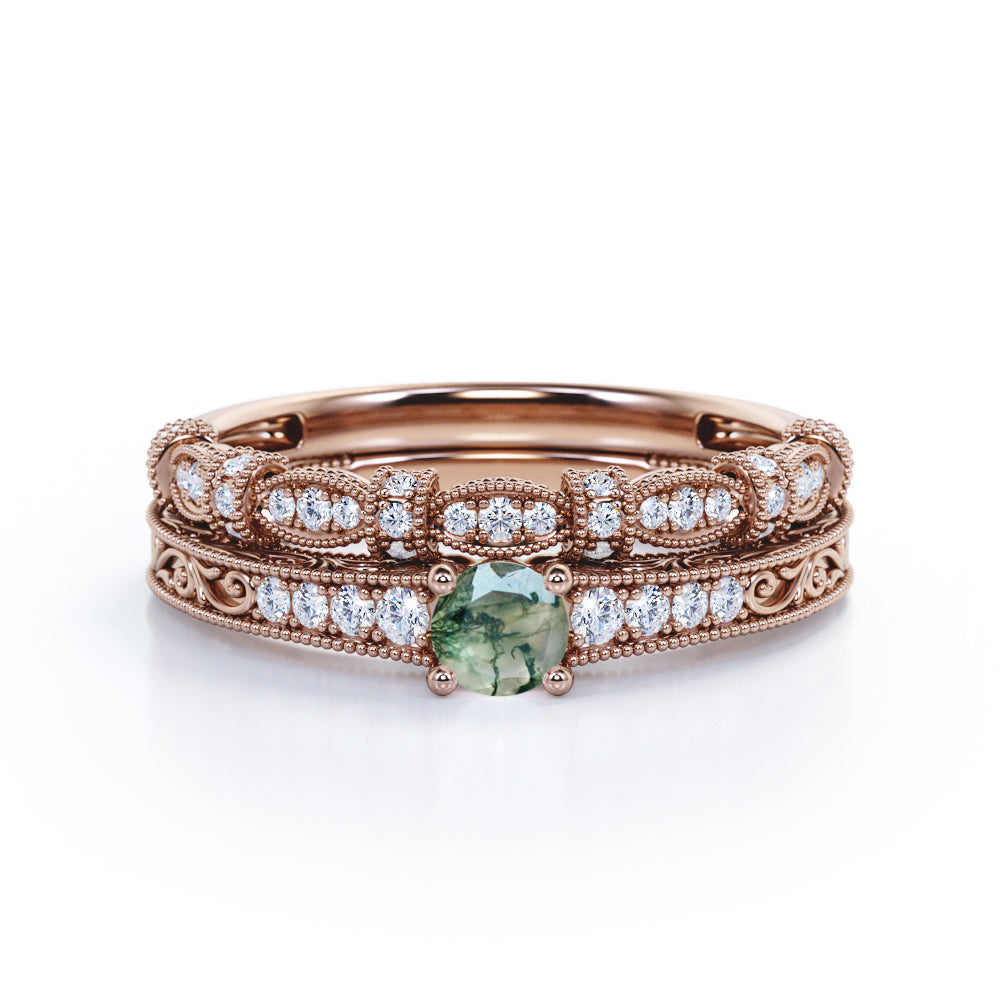 Exquisite Art Deco 0.9 carat Round cut Moss Green Agate and diamond Edwardian filigree Bridal set in Rose gold