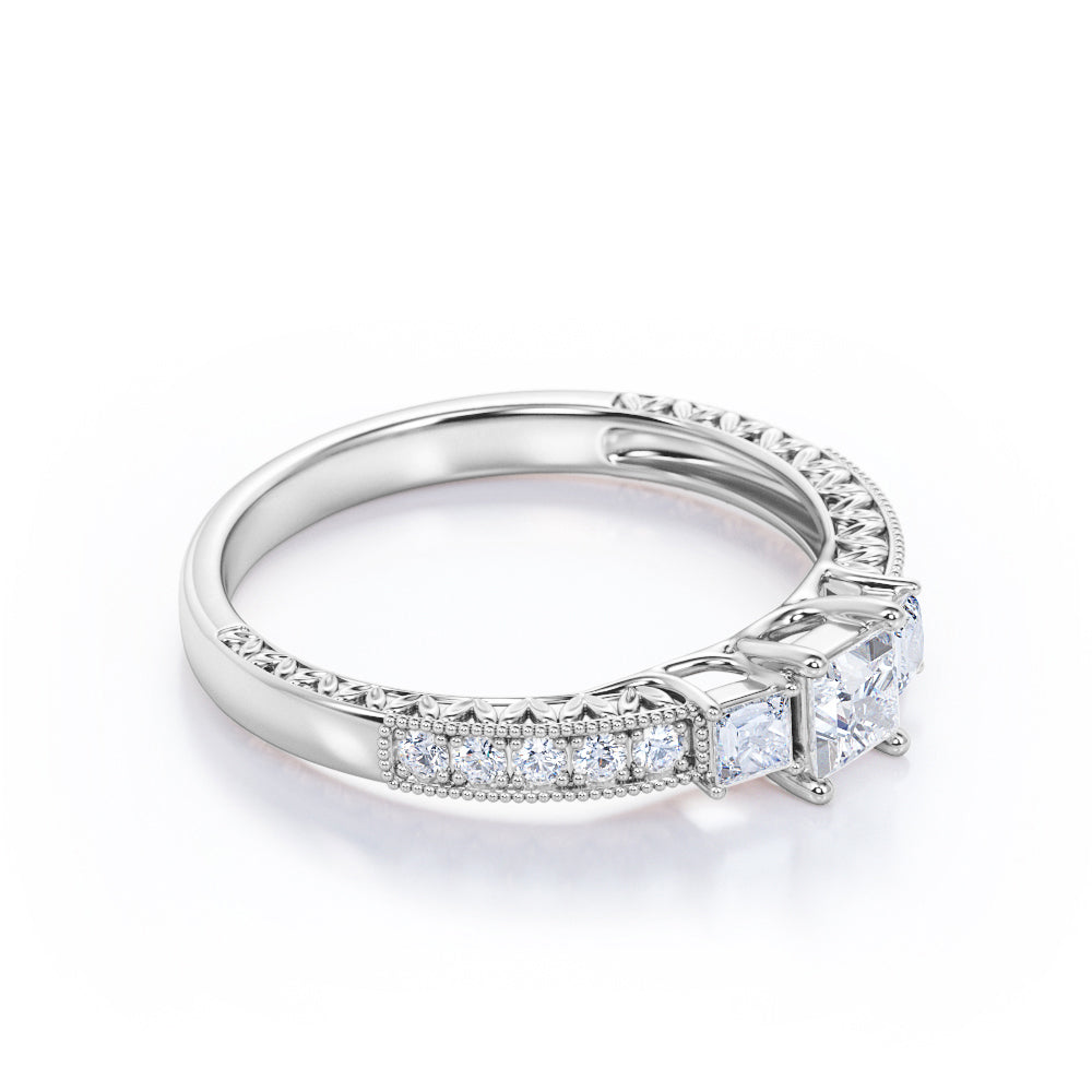 Vintage inspired trilogy 0.75 carat Princess cut Moissanite and diamond art nouveau engagement ring in White gold