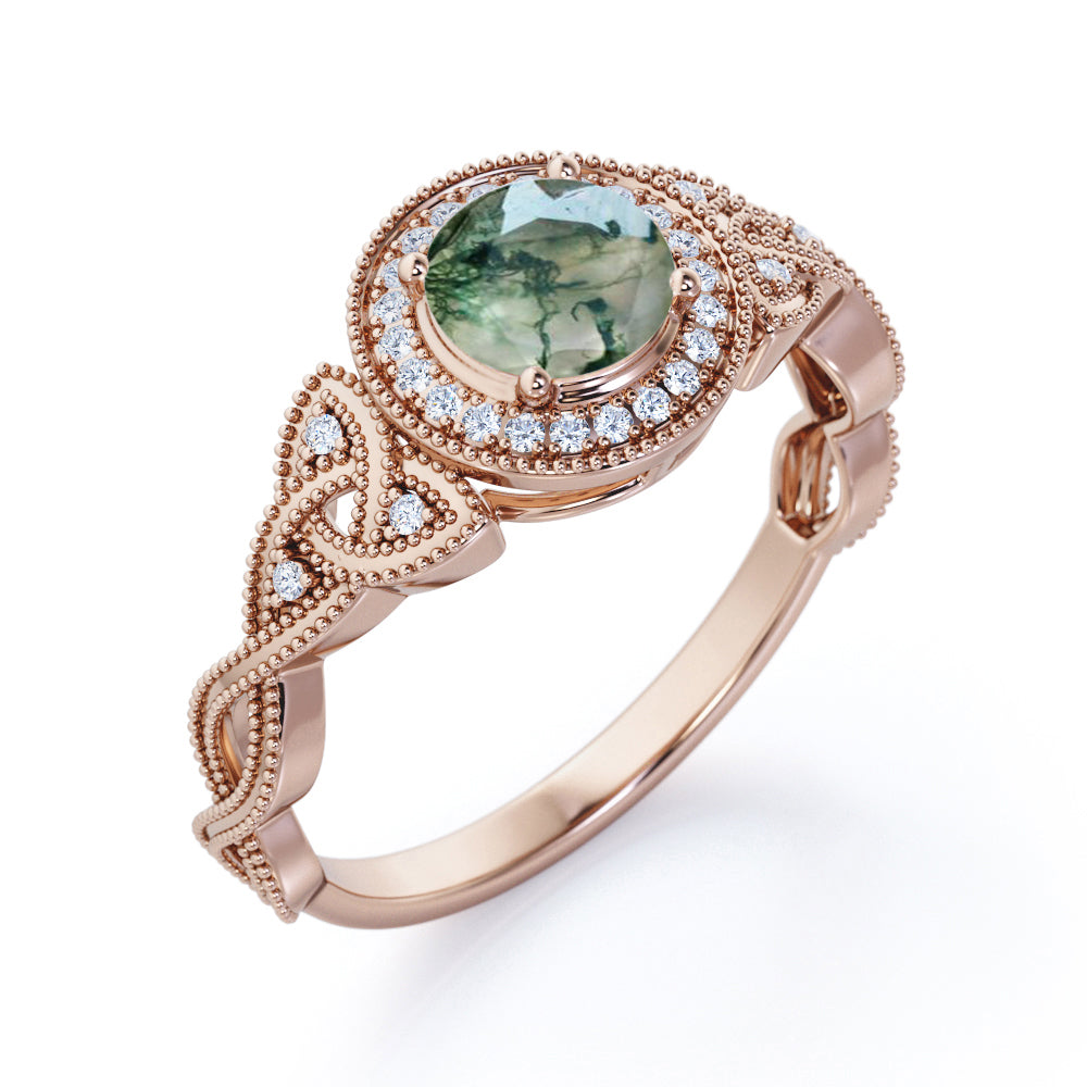 1.5 carat Round cut floral rope design Moss Green Agate and diamond halo engagement ring in Rose gold