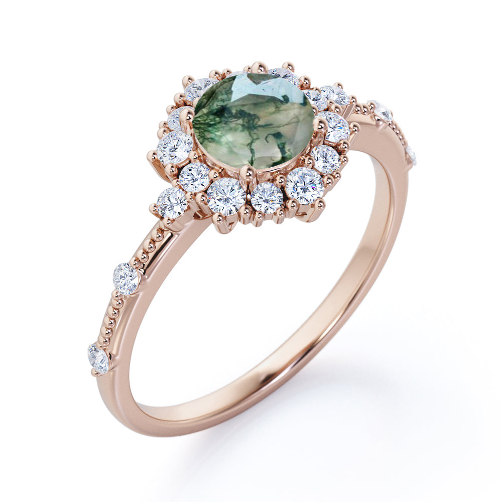 Engraved Vintage 1.25 carat Round cut Moss Green Agate and diamond Edwardian art deco engagement ring in Rose gold