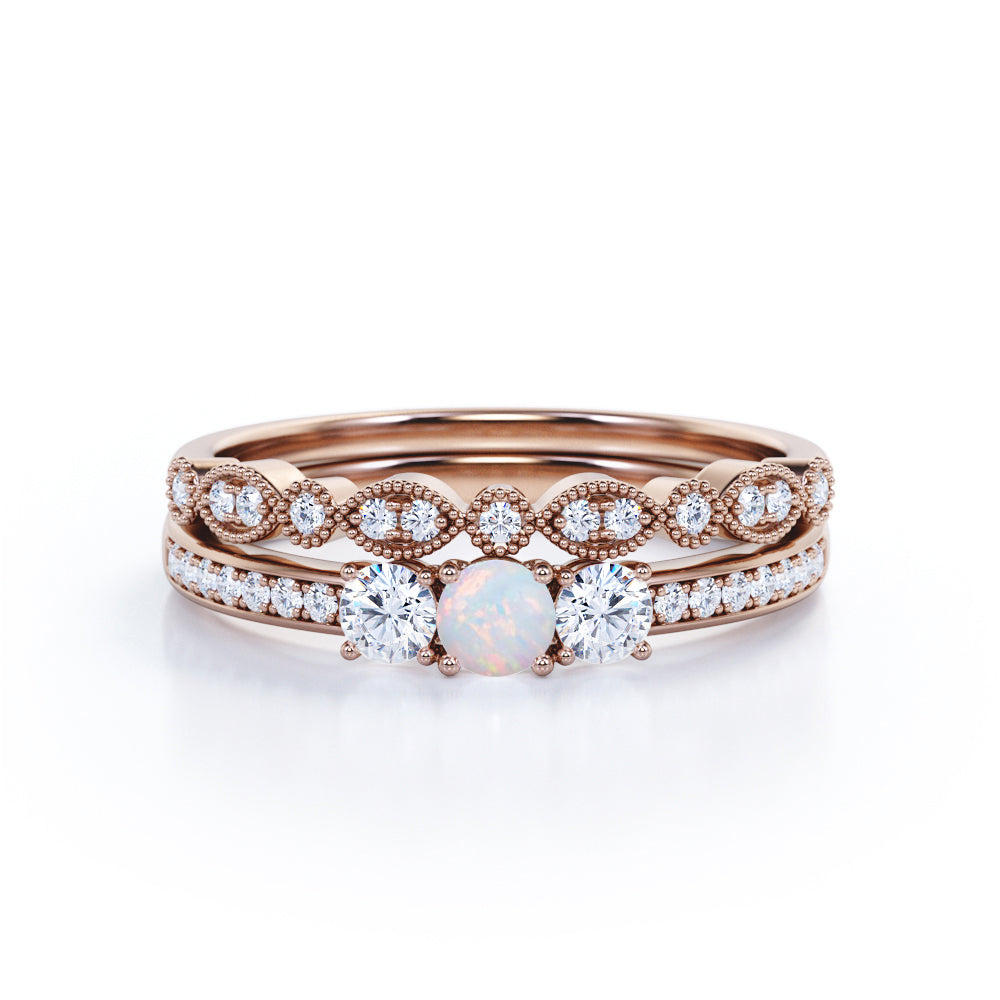 Elegant trilogy 1 carat Round cut Ethiopian Opal and pave diamond Milgrain Bridal set for her in Rose gold