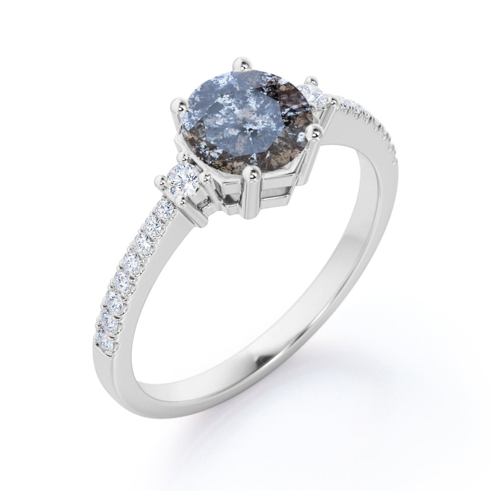 Basket Prong style 0.75 carat Round cut Salt and pepper diamond and White diamond-trio stone-eternity engagement ring in White gold