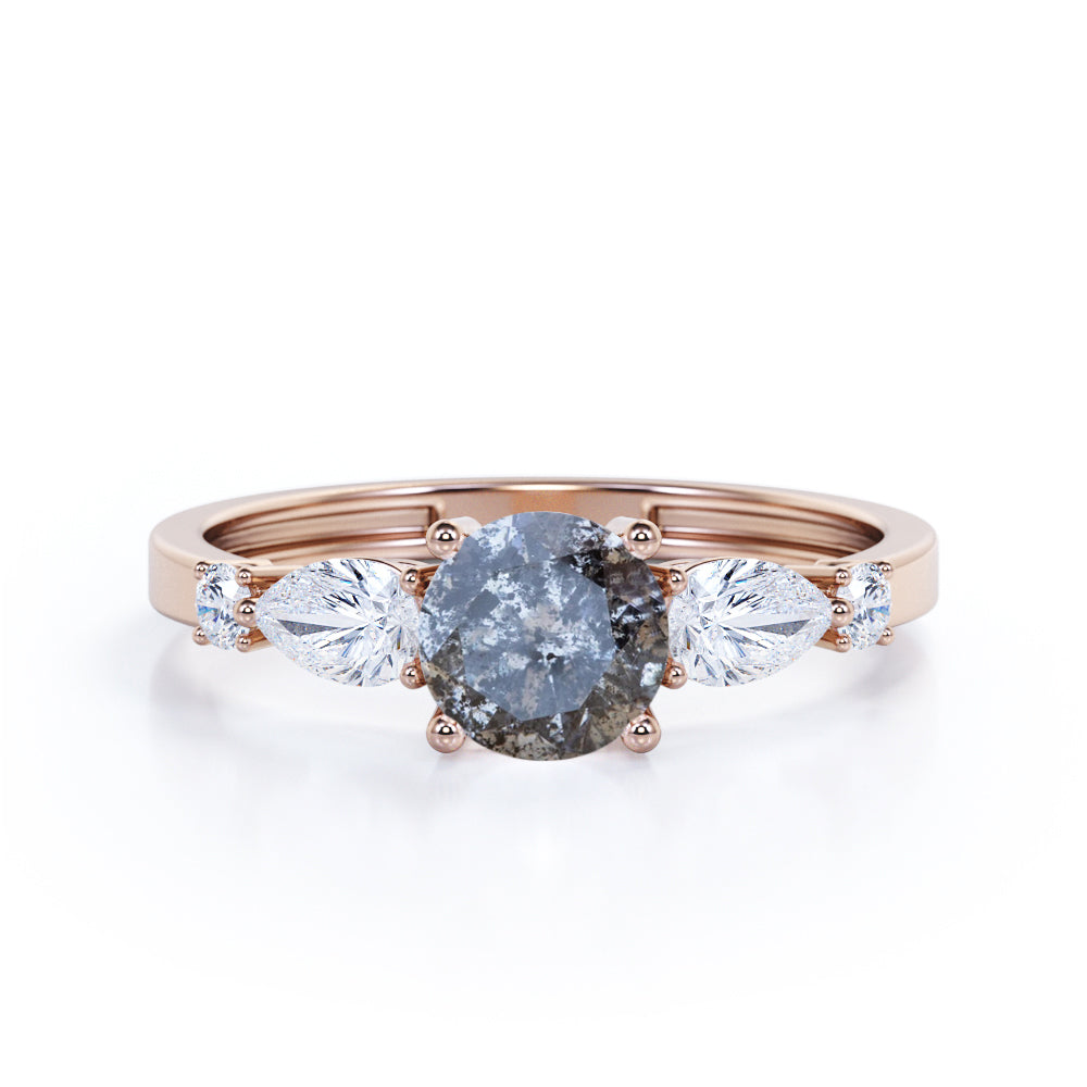 Fancy 5 stones 0.65 carat Round cut Salt and pepper diamond and White diamond wide shank engagement ring in rose gold