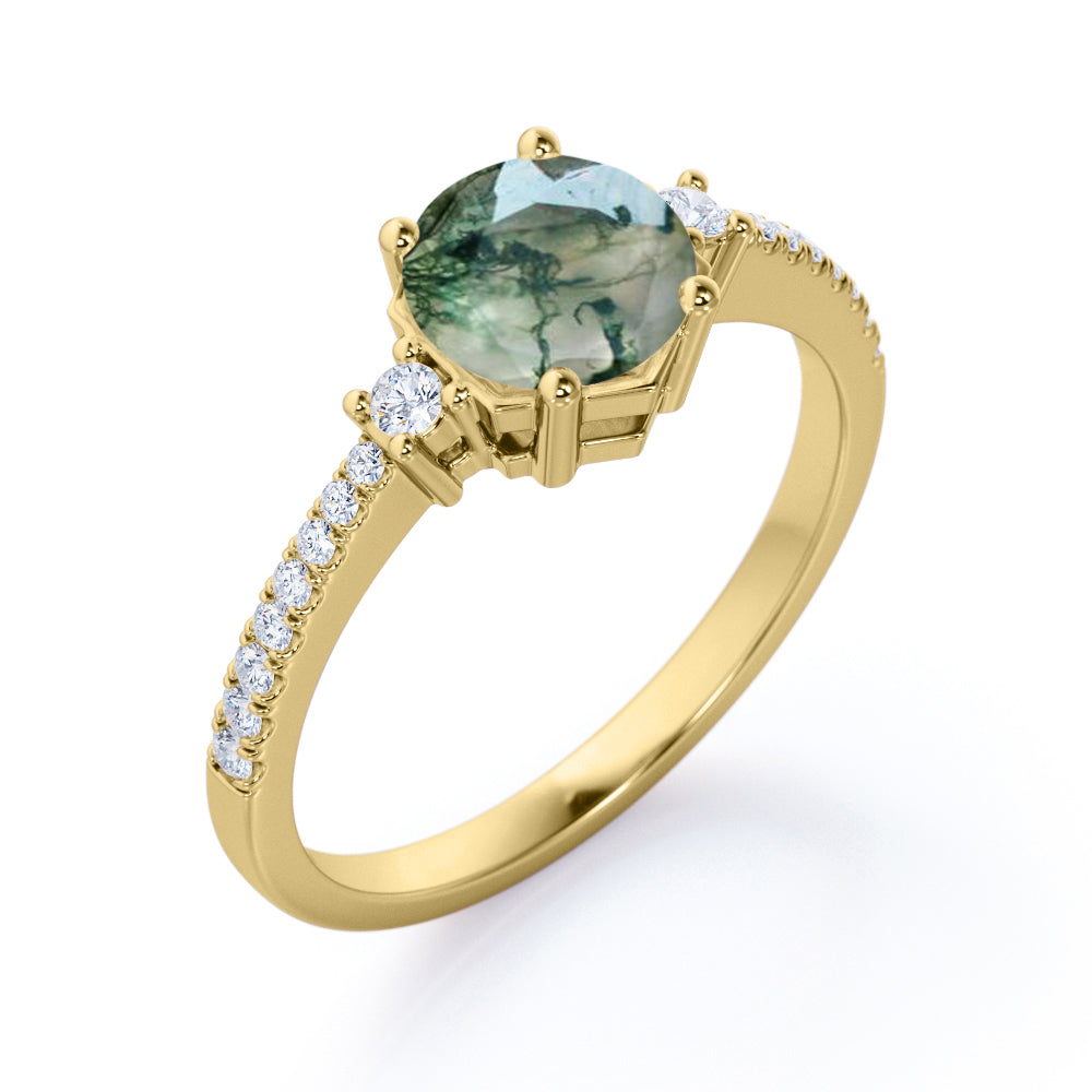 1.35 carat Round cut Moss Agate and diamond trinity pave engagement ring in Yellow gold