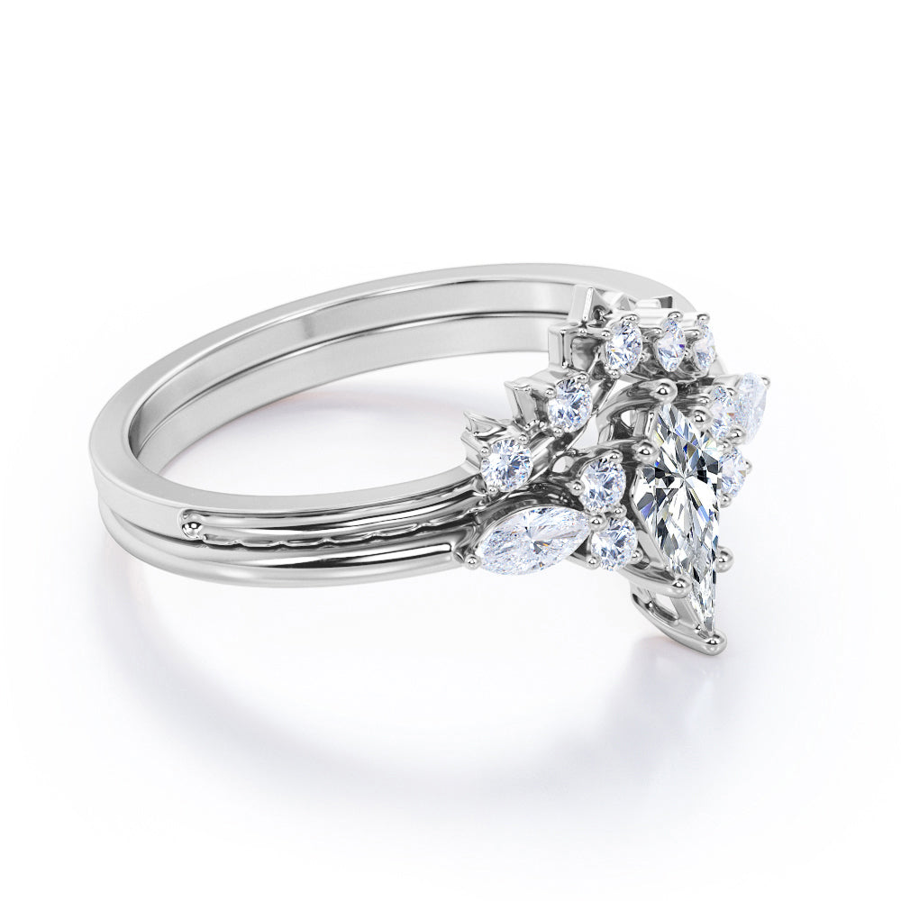 Vintage Royal inspired 1.35 carat Kite shaped Moissanite and diamond art deco wedding ring set in White gold