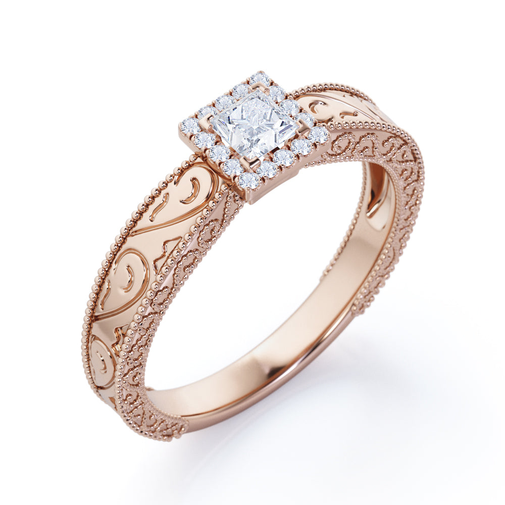 Square halo 0.7 carat Princess cut Moissanite and diamond wide shank engagement ring in Rose gold