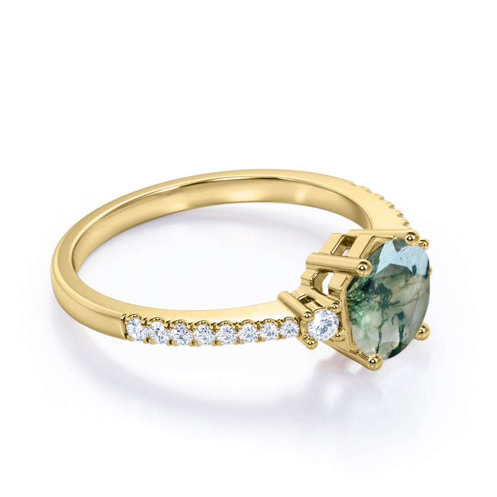 1.35 carat Round cut Moss Agate and diamond trinity pave engagement ring in Yellow gold